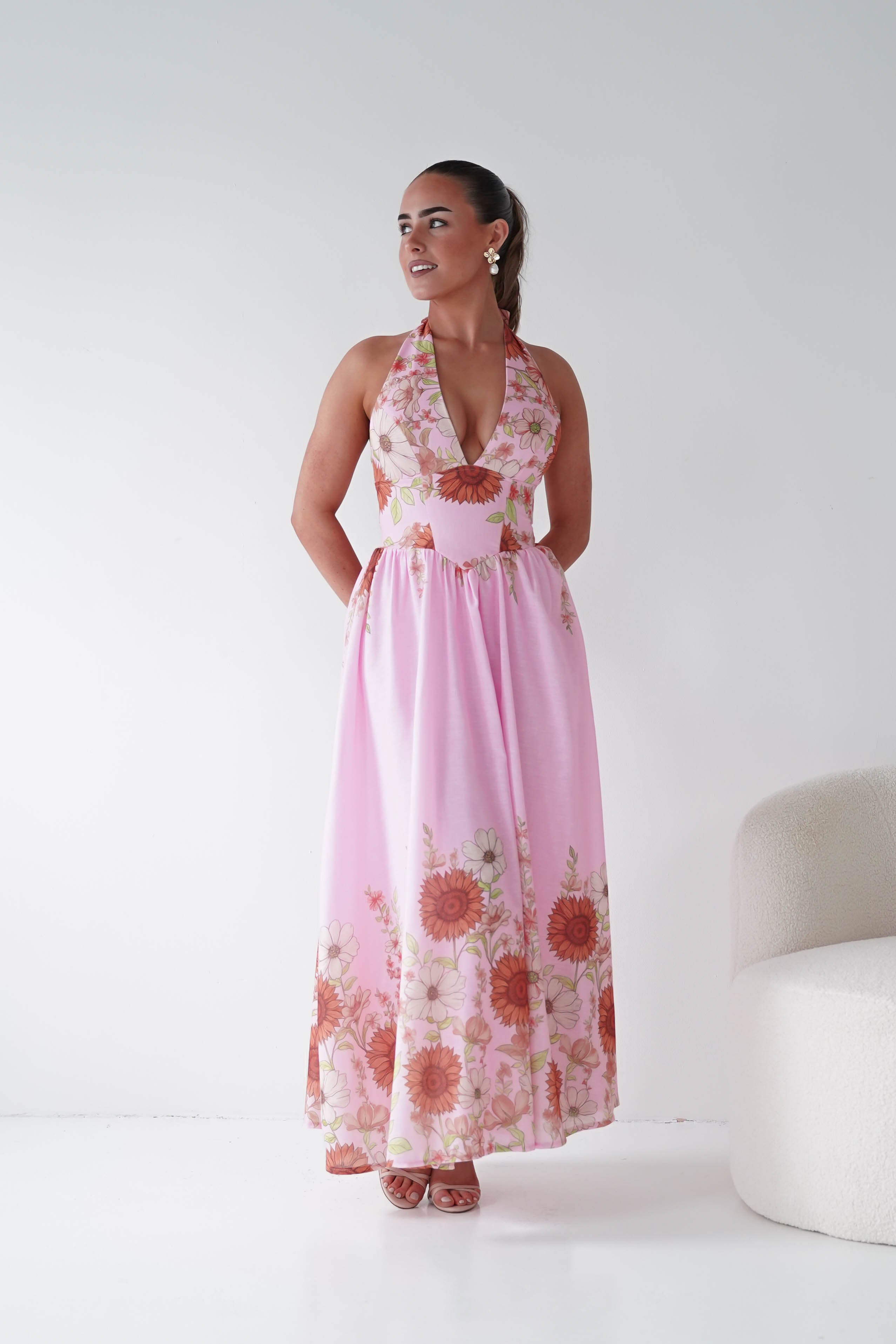 Oh Hello Clothing Women > Clothing > Dresses 1*DONE -SASHA-Pink Floral halter Maxi Dress-64784D05