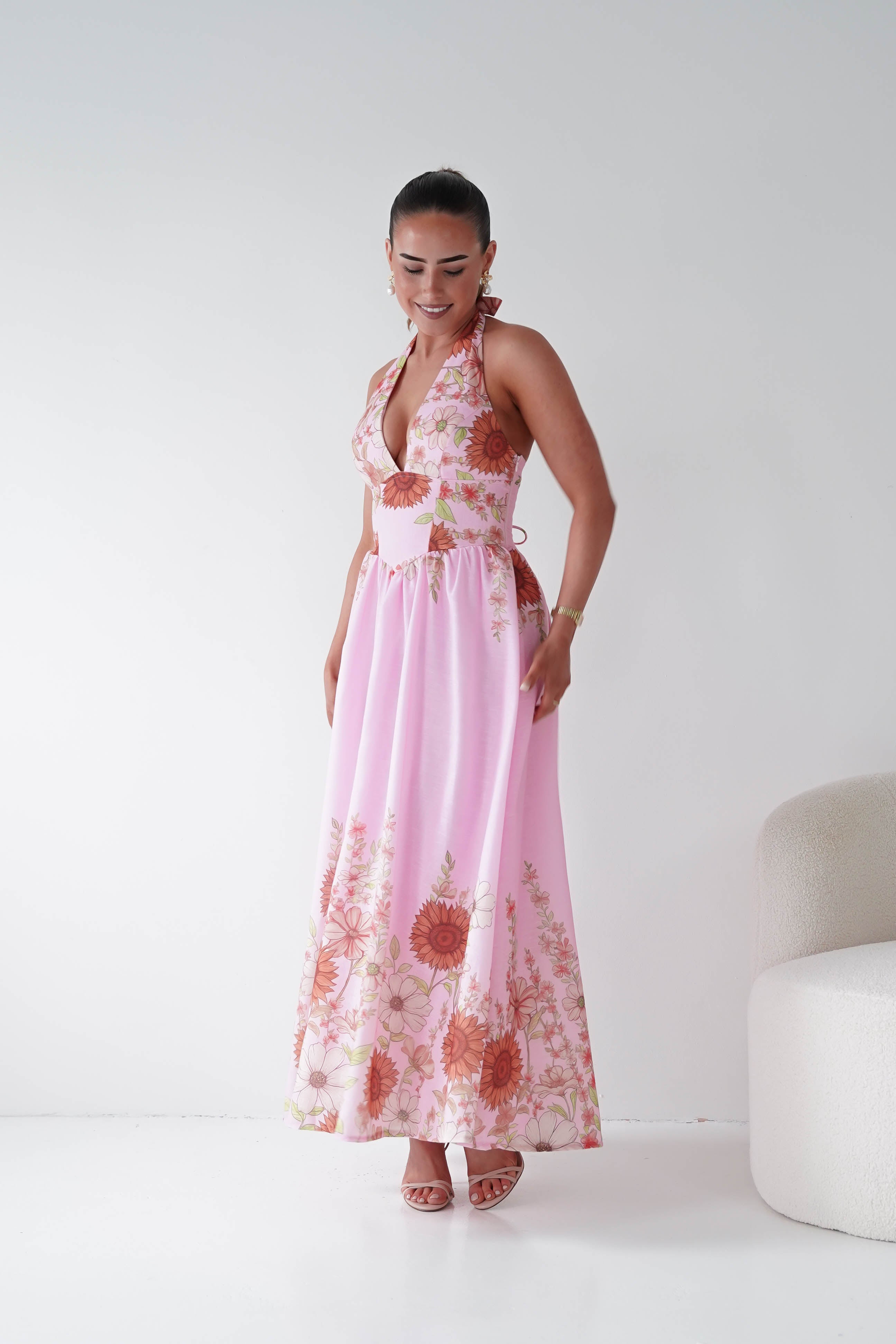 Oh Hello Clothing Women > Clothing > Dresses 1*DONE -SASHA-Pink Floral halter Maxi Dress-64784D05