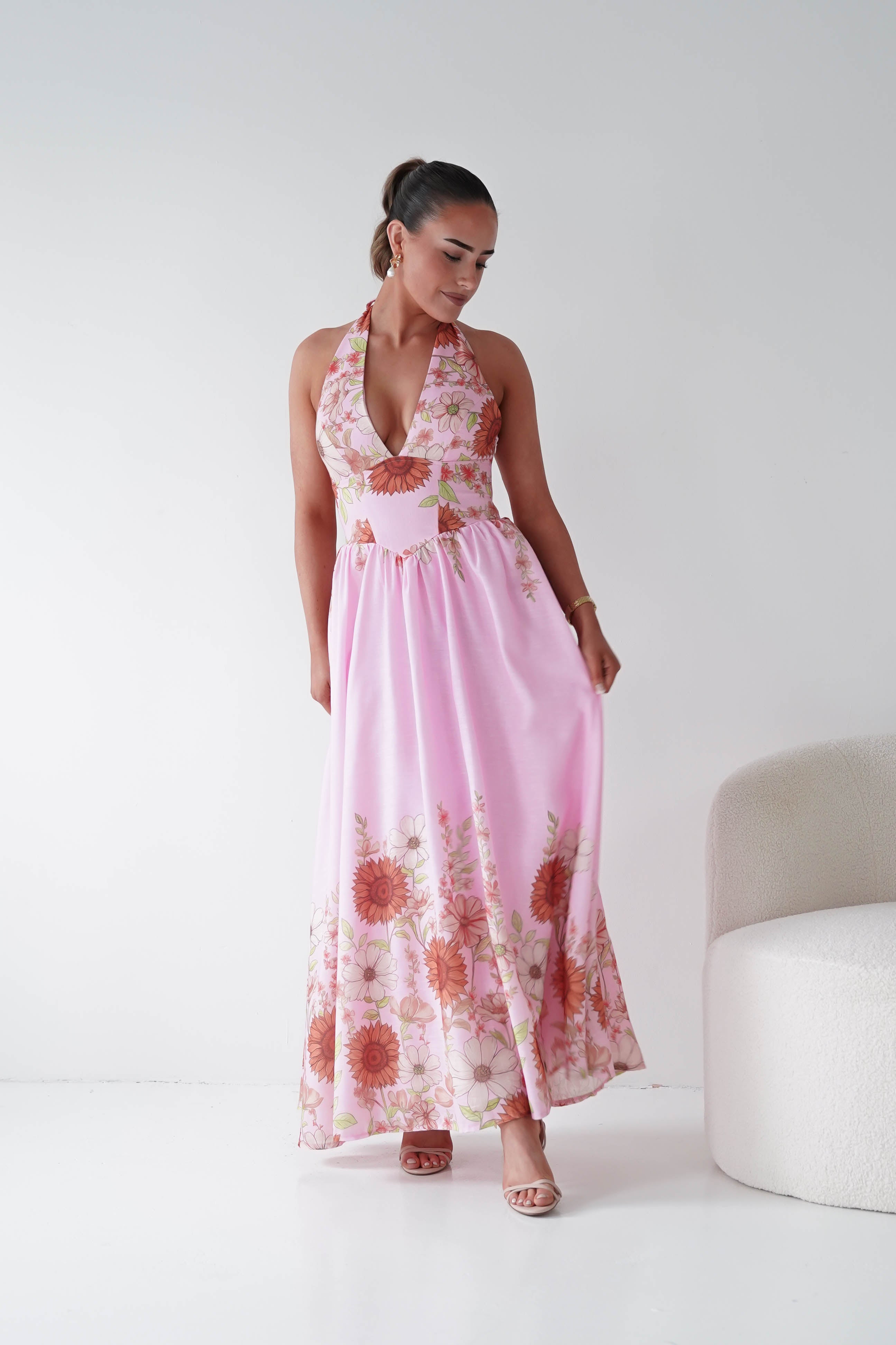 Oh Hello Clothing Women > Clothing > Dresses 1*DONE -SASHA-Pink Floral halter Maxi Dress-64784D05