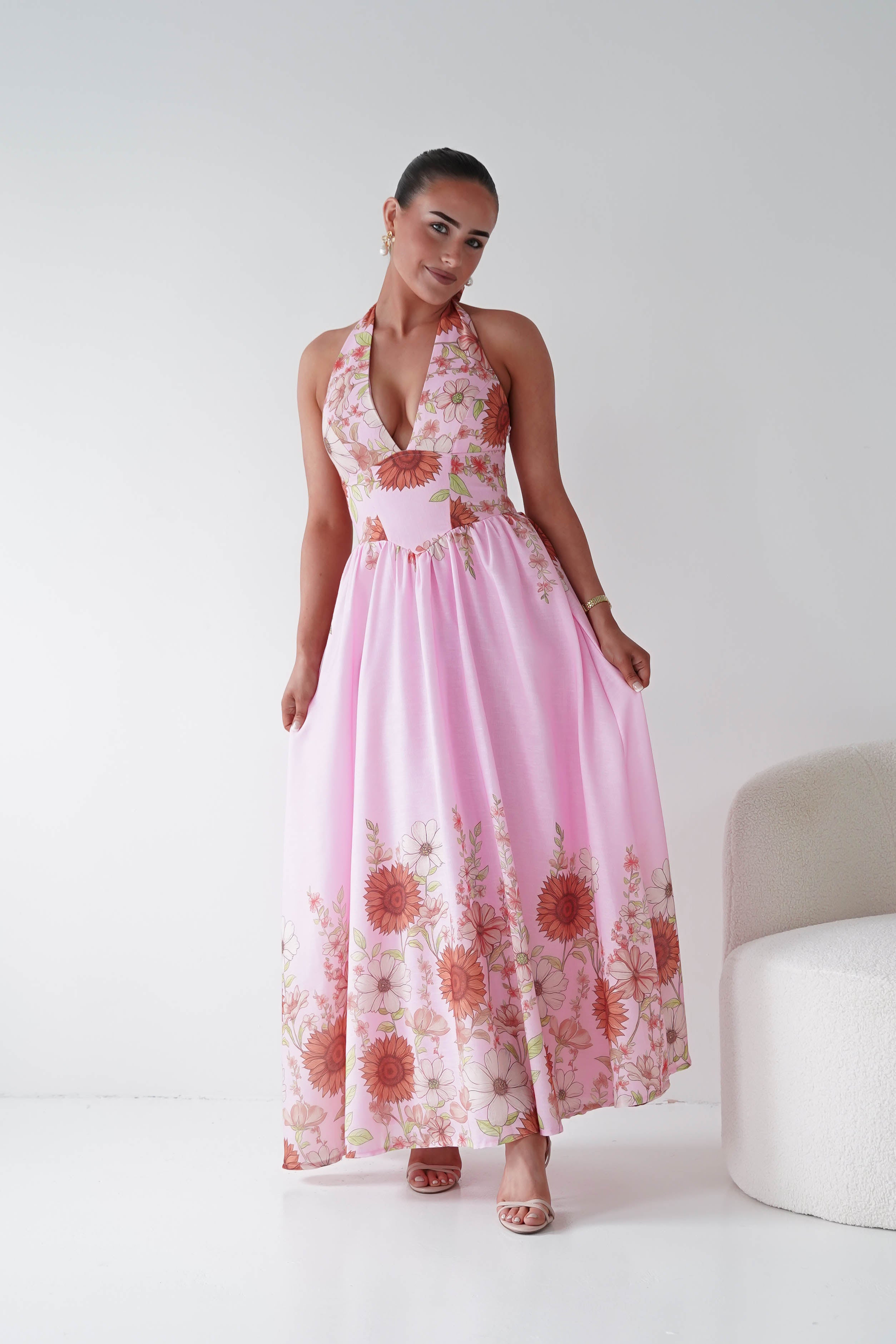 Oh Hello Clothing Women > Clothing > Dresses 1*DONE -SASHA-Pink Floral halter Maxi Dress-64784D05