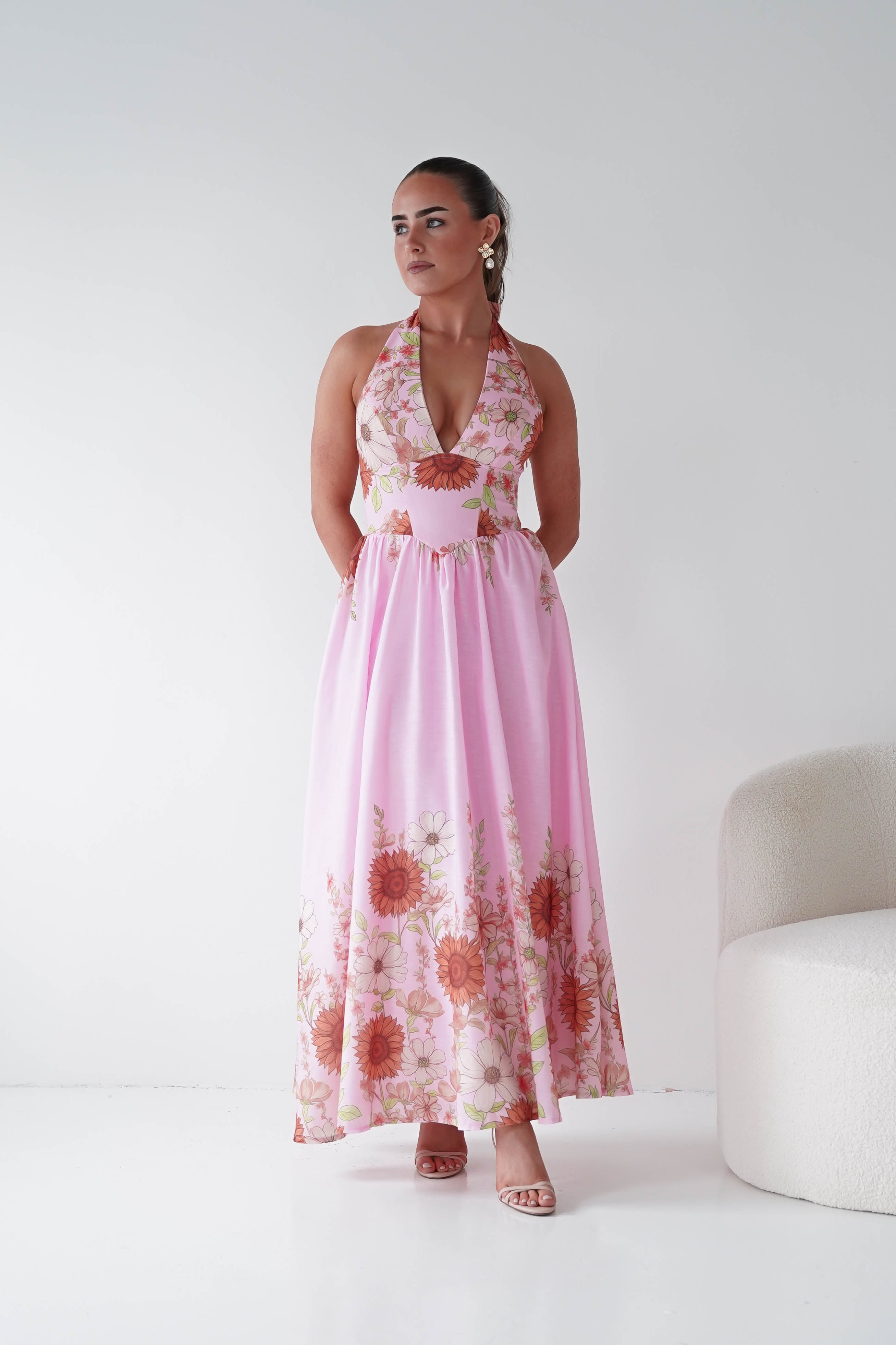 Oh Hello Clothing Women > Clothing > Dresses 1*DONE -SASHA-Pink Floral halter Maxi Dress-64784D05
