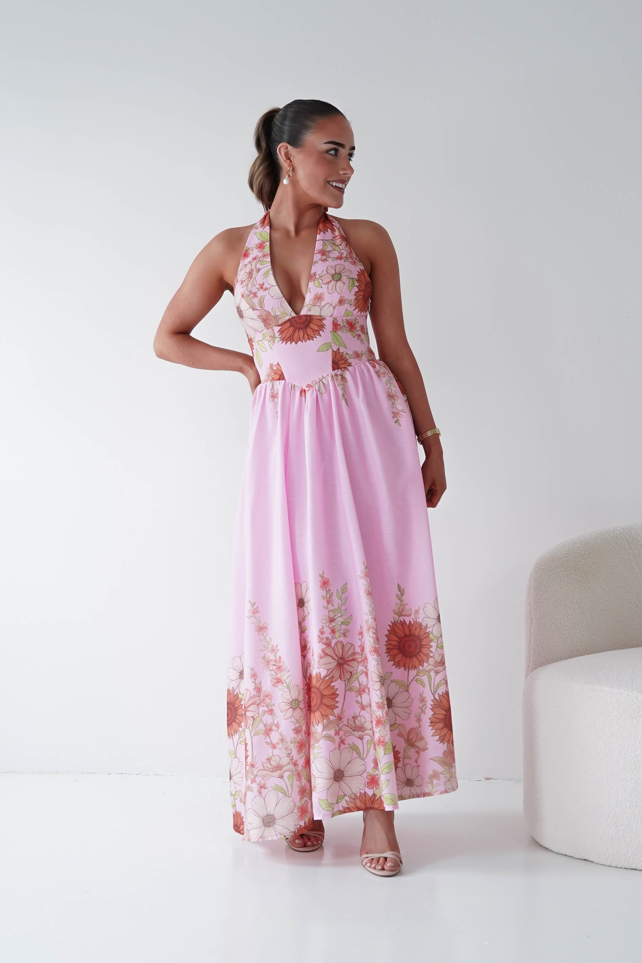 Oh Hello Clothing Women > Clothing > Dresses 1*DONE -SASHA-Pink Floral halter Maxi Dress-64784D05