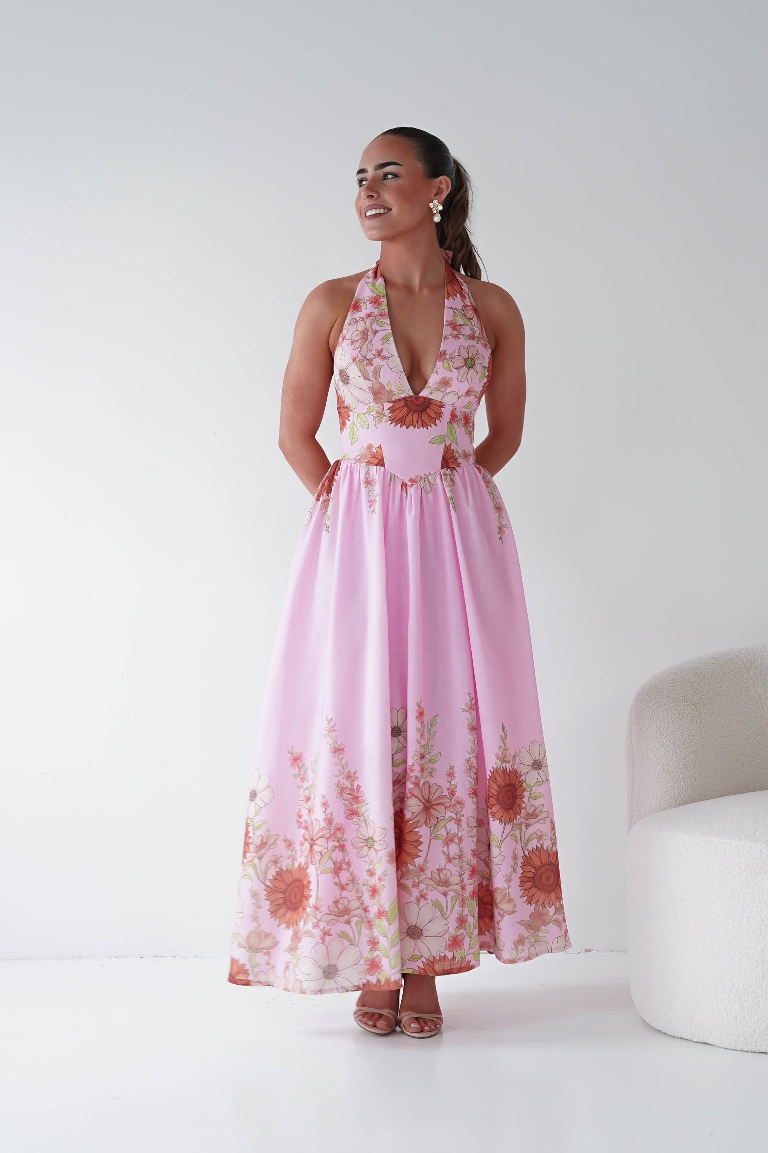 Oh Hello Clothing Women > Clothing > Dresses 1*DONE -SASHA-Pink Floral halter Maxi Dress-64784D05