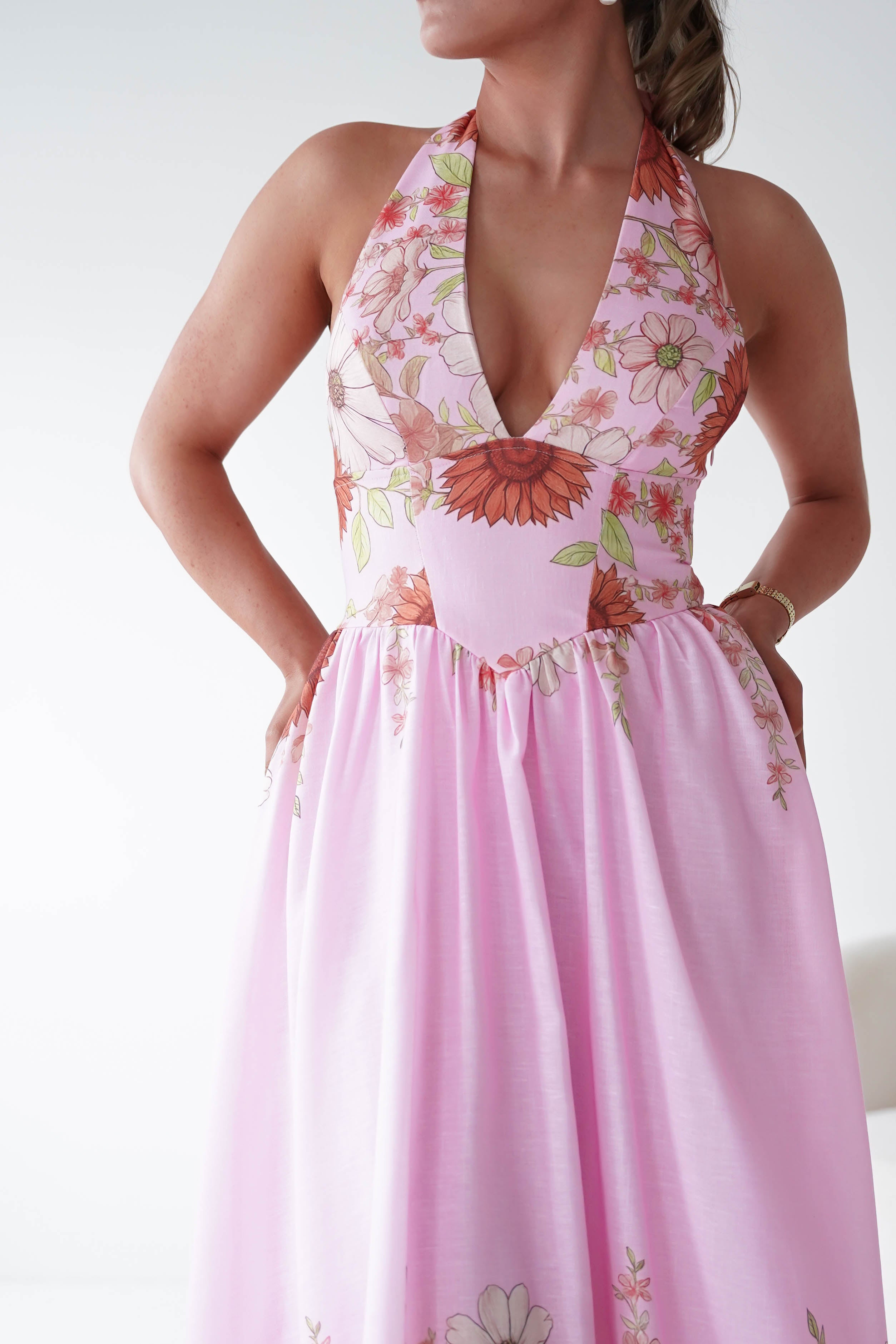 Oh Hello Clothing Women > Clothing > Dresses 1*DONE -SASHA-Pink Floral halter Maxi Dress-64784D05