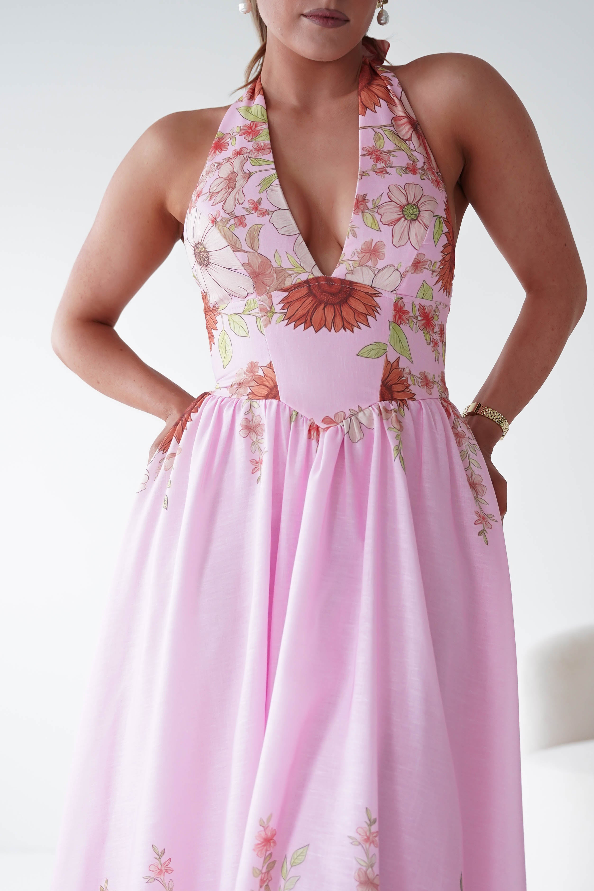 Oh Hello Clothing Women > Clothing > Dresses 1*DONE -SASHA-Pink Floral halter Maxi Dress-64784D05