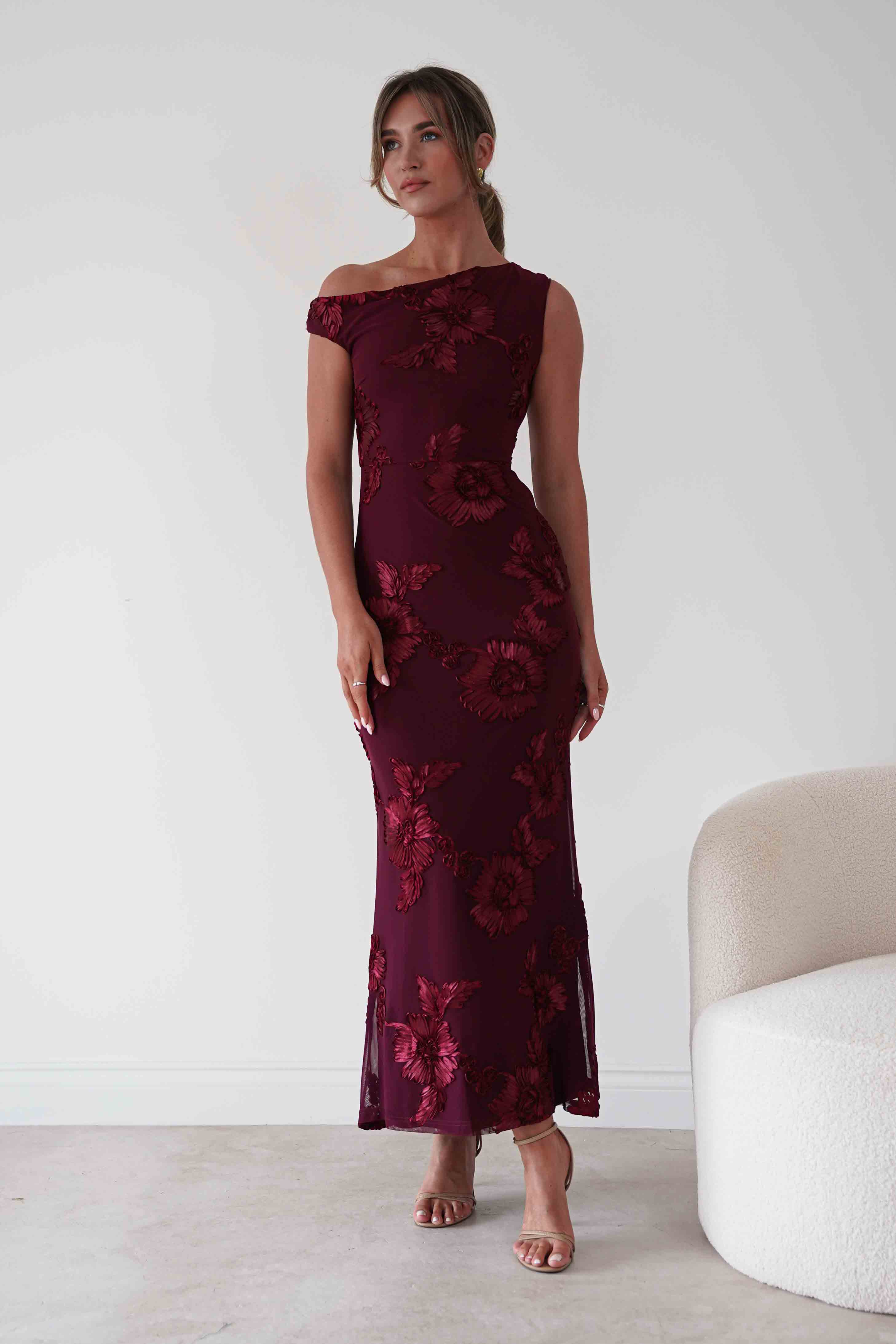 Oh Hello Clothing Women > Clothing > Dresses 1*DONE-SASHA-Wine Floral Appliqué Cowl Neck Maxi Dress