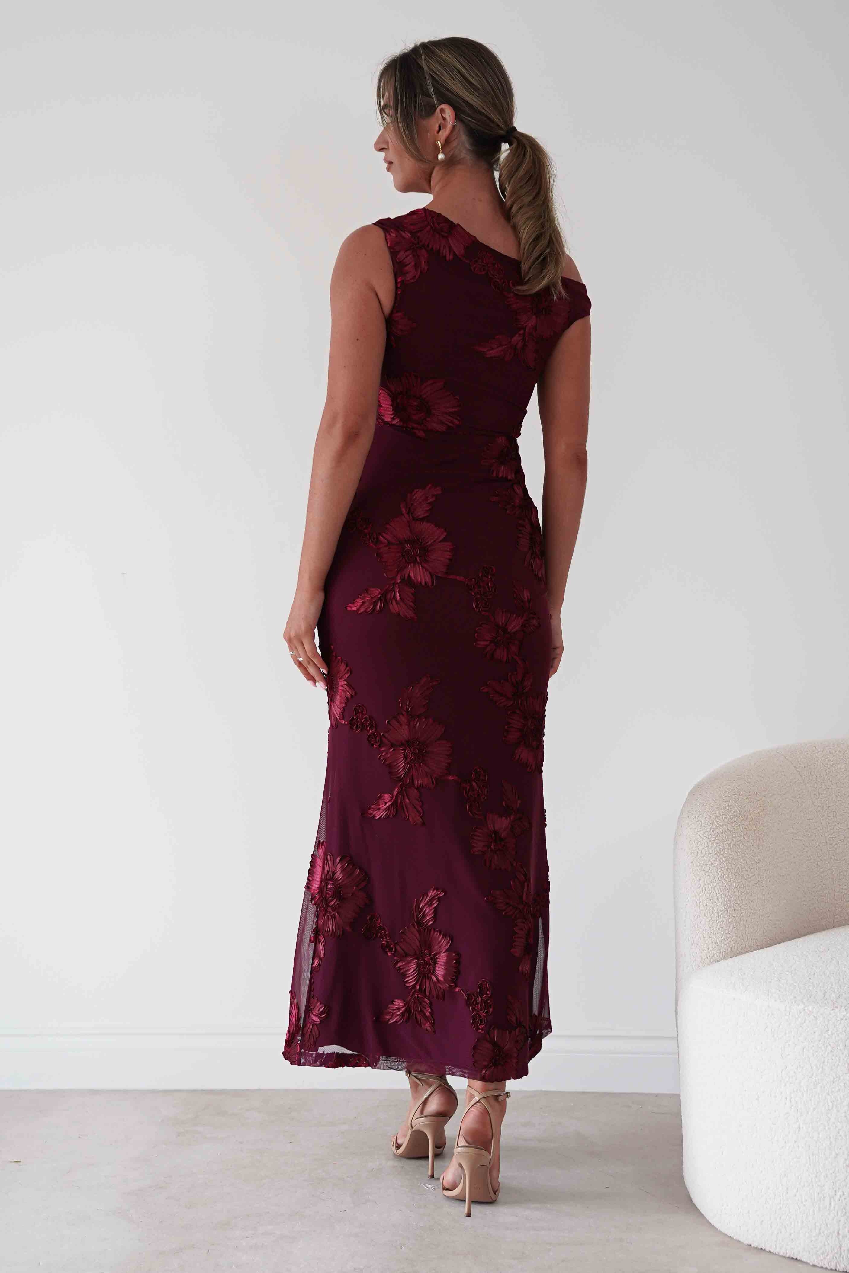 Oh Hello Clothing Women > Clothing > Dresses 1*DONE-SASHA-Wine Floral Appliqué Cowl Neck Maxi Dress