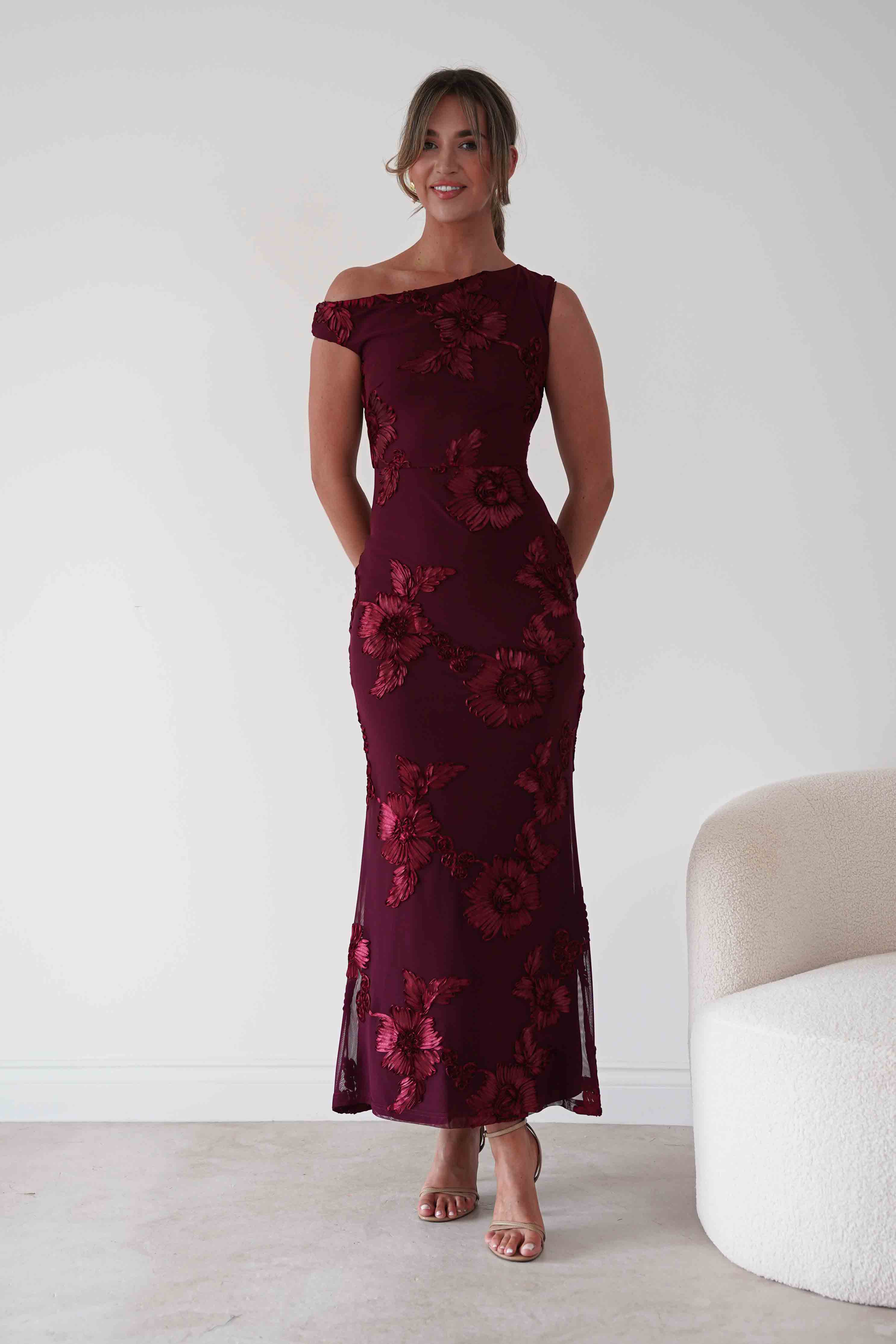 Oh Hello Clothing Women > Clothing > Dresses 1*DONE-SASHA-Wine Floral Appliqué Cowl Neck Maxi Dress