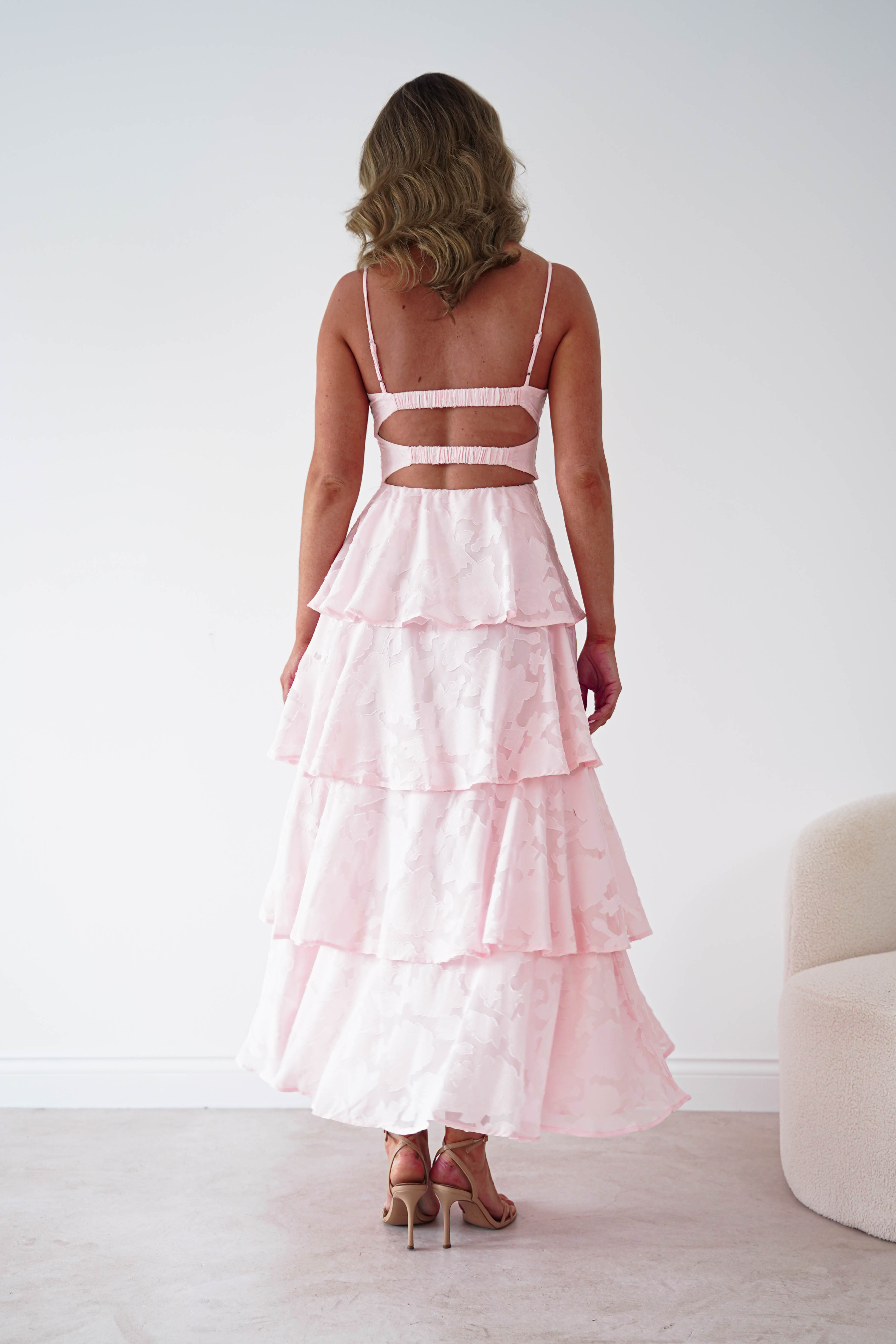 Oh Hello Clothing Women > Clothing > Dresses 1*DONE-SHAREEN COLLECTION-Blush Floral Jacquard Tiered Midi Dress