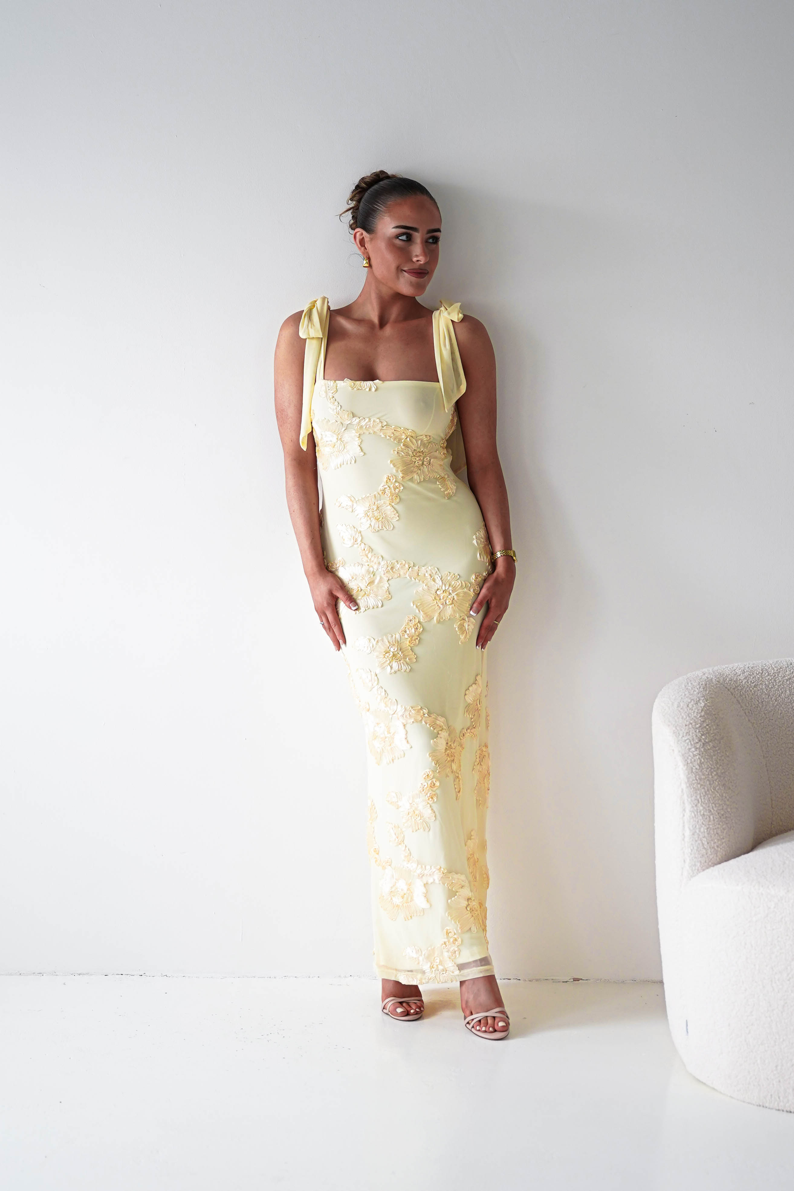 Oh Hello Clothing Women > Clothing > Dresses 1*DONE- SHAREEN COLLECTION-Butter Yellow Floral Appliqué Midi Dress -MD10126