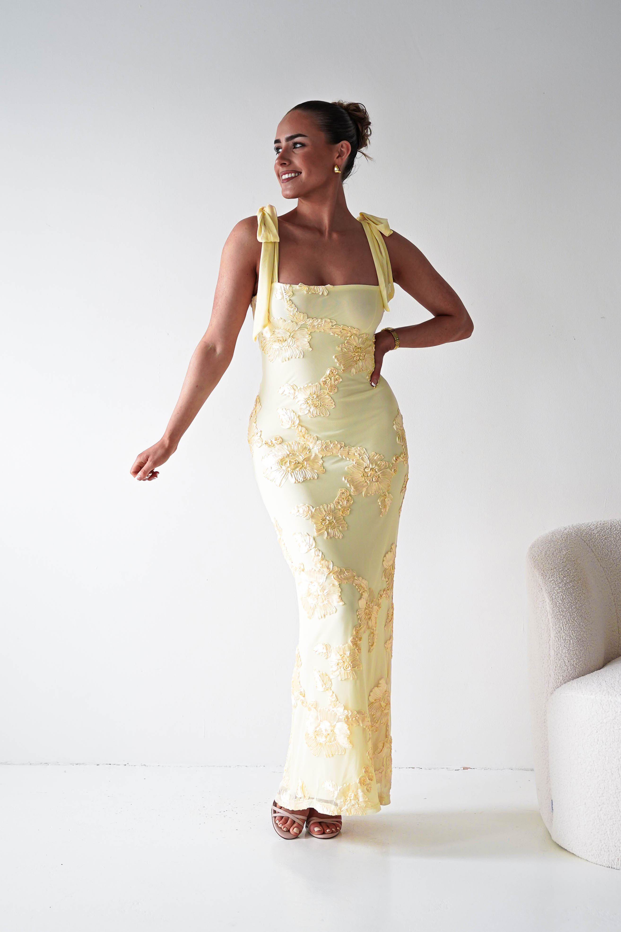 Oh Hello Clothing Women > Clothing > Dresses 1*DONE- SHAREEN COLLECTION-Butter Yellow Floral Appliqué Midi Dress -MD10126