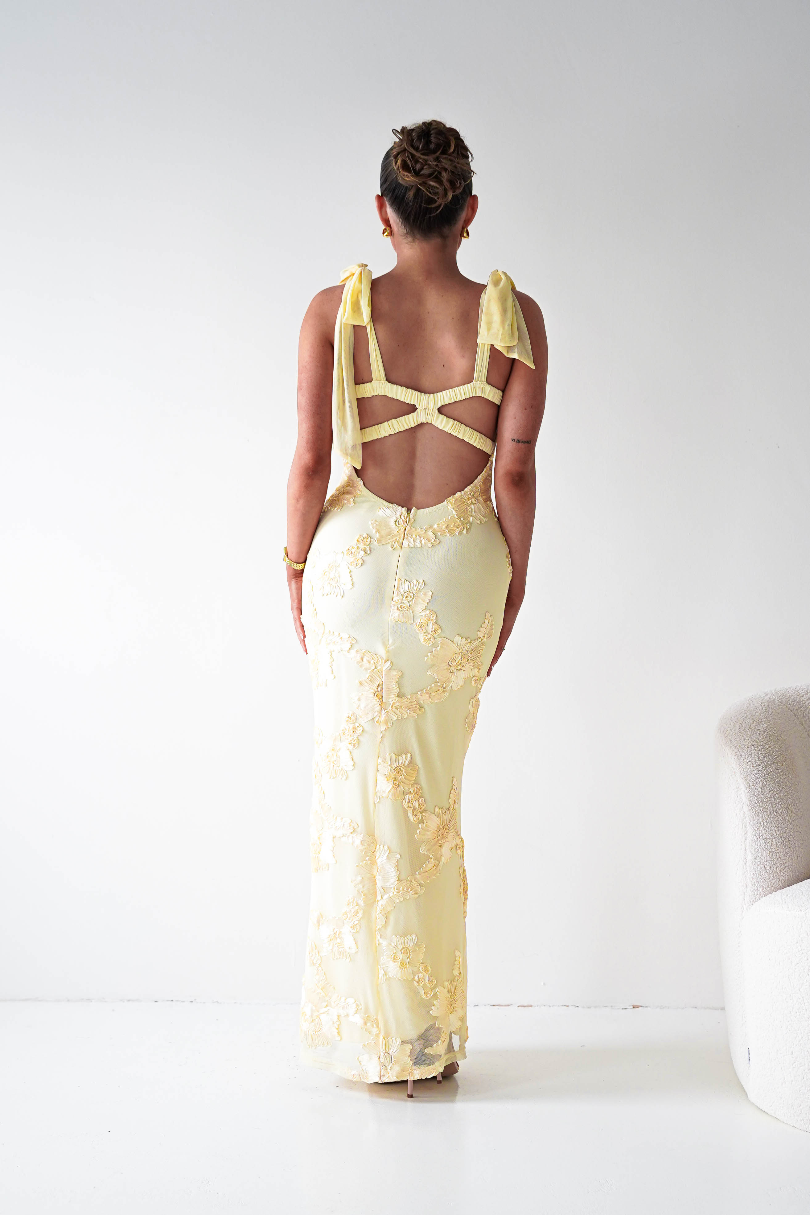 Oh Hello Clothing Women > Clothing > Dresses 1*DONE- SHAREEN COLLECTION-Butter Yellow Floral Appliqué Midi Dress -MD10126