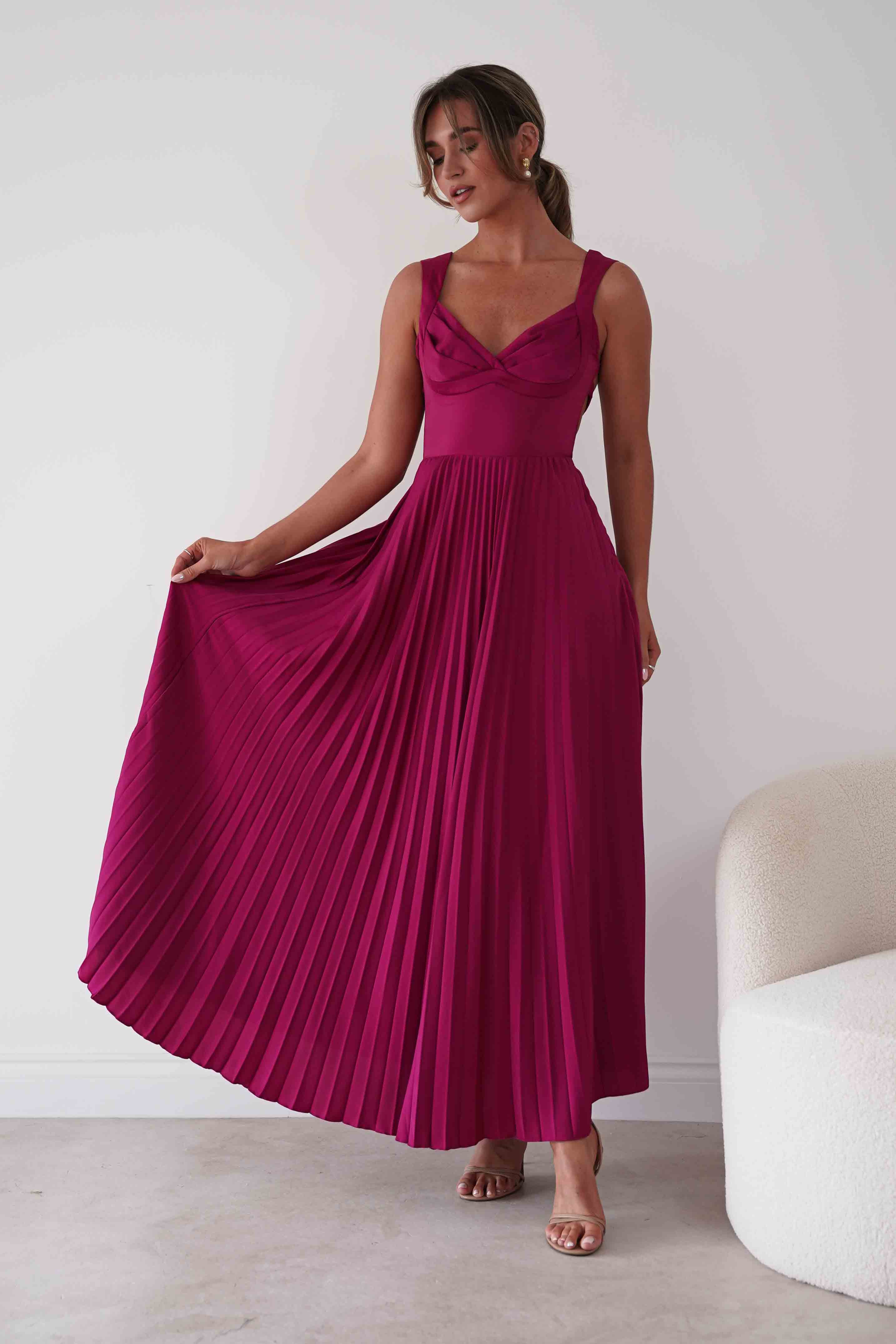 Oh Hello Clothing Women > Clothing > Dresses 1*DONE- SHAREEN-MD10021-Pleated Satin Maxi Dress/ berry red(Copy) (Copy)