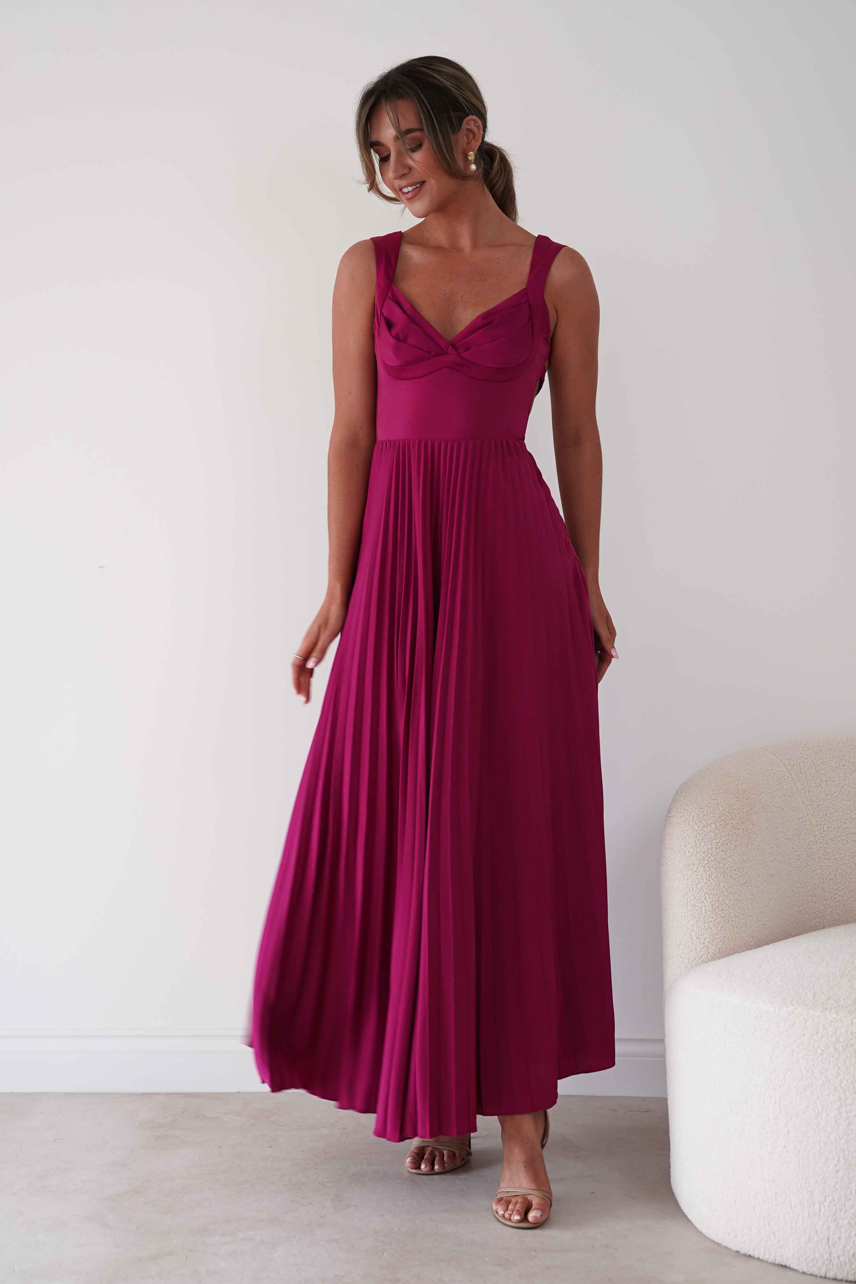 Oh Hello Clothing Women > Clothing > Dresses 1*DONE- SHAREEN-MD10021-Pleated Satin Maxi Dress/ berry red(Copy) (Copy)