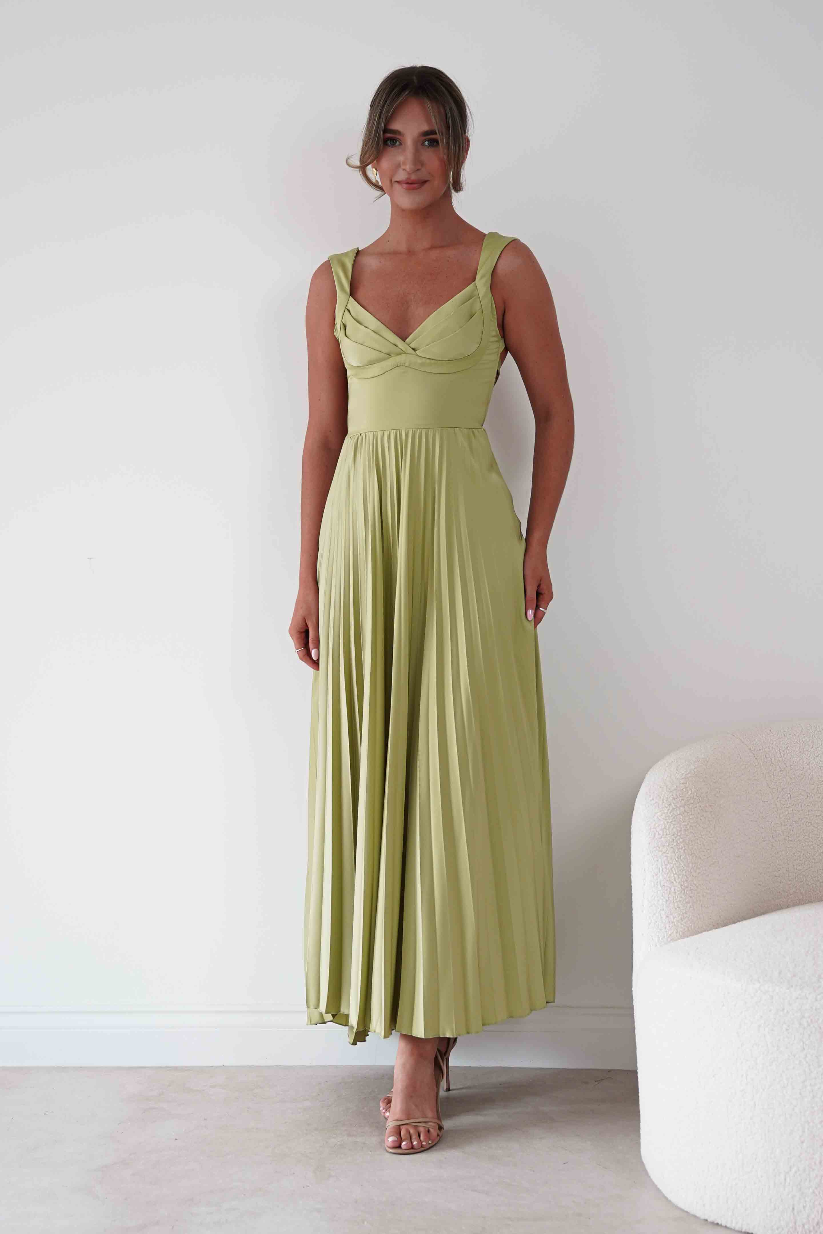 Oh Hello Clothing Women > Clothing > Dresses 1*DONE- SHAREEN-MD10021-Pleated Satin Maxi Dress/ LIME