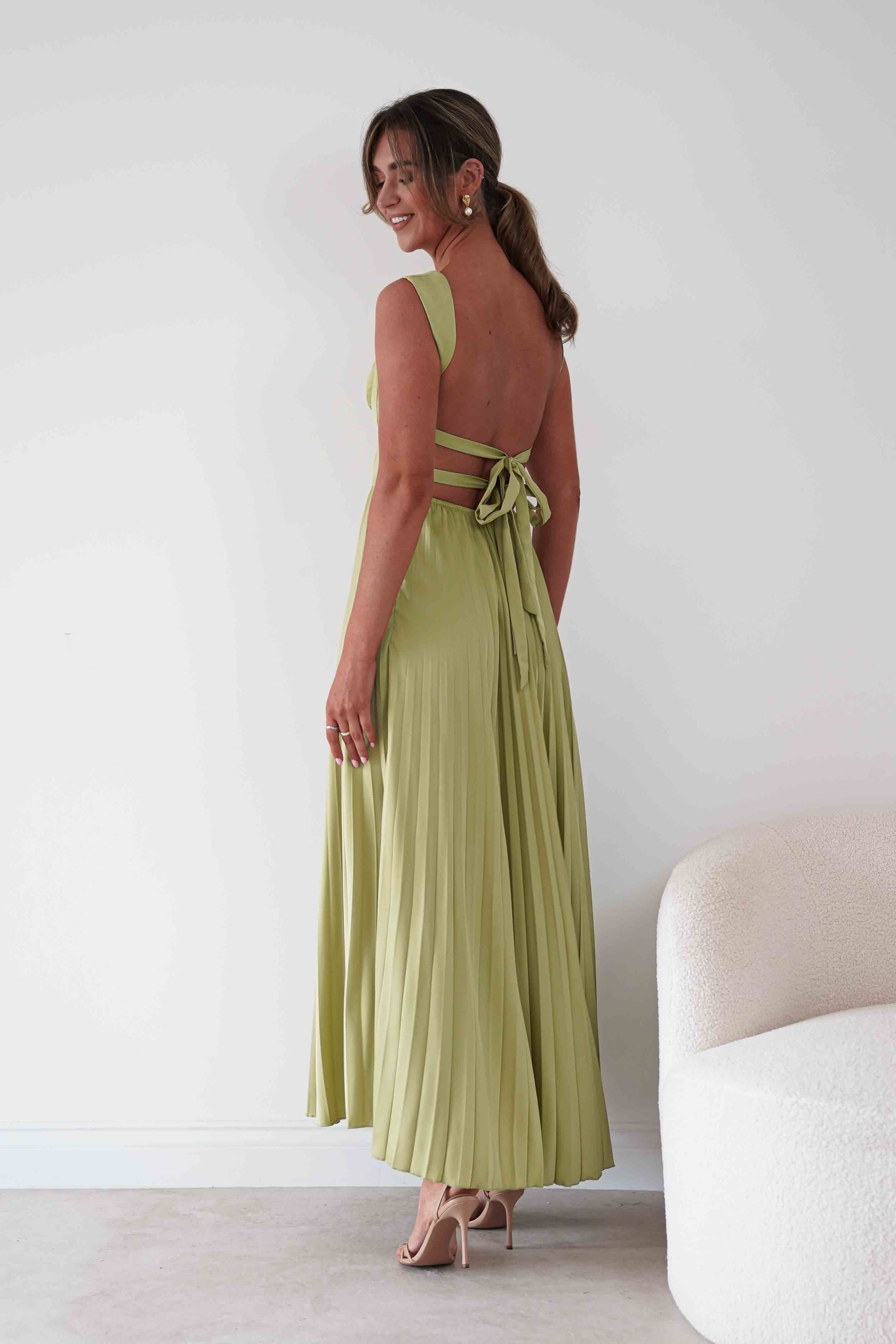 Oh Hello Clothing Women > Clothing > Dresses 1*DONE- SHAREEN-MD10021-Pleated Satin Maxi Dress/ LIME