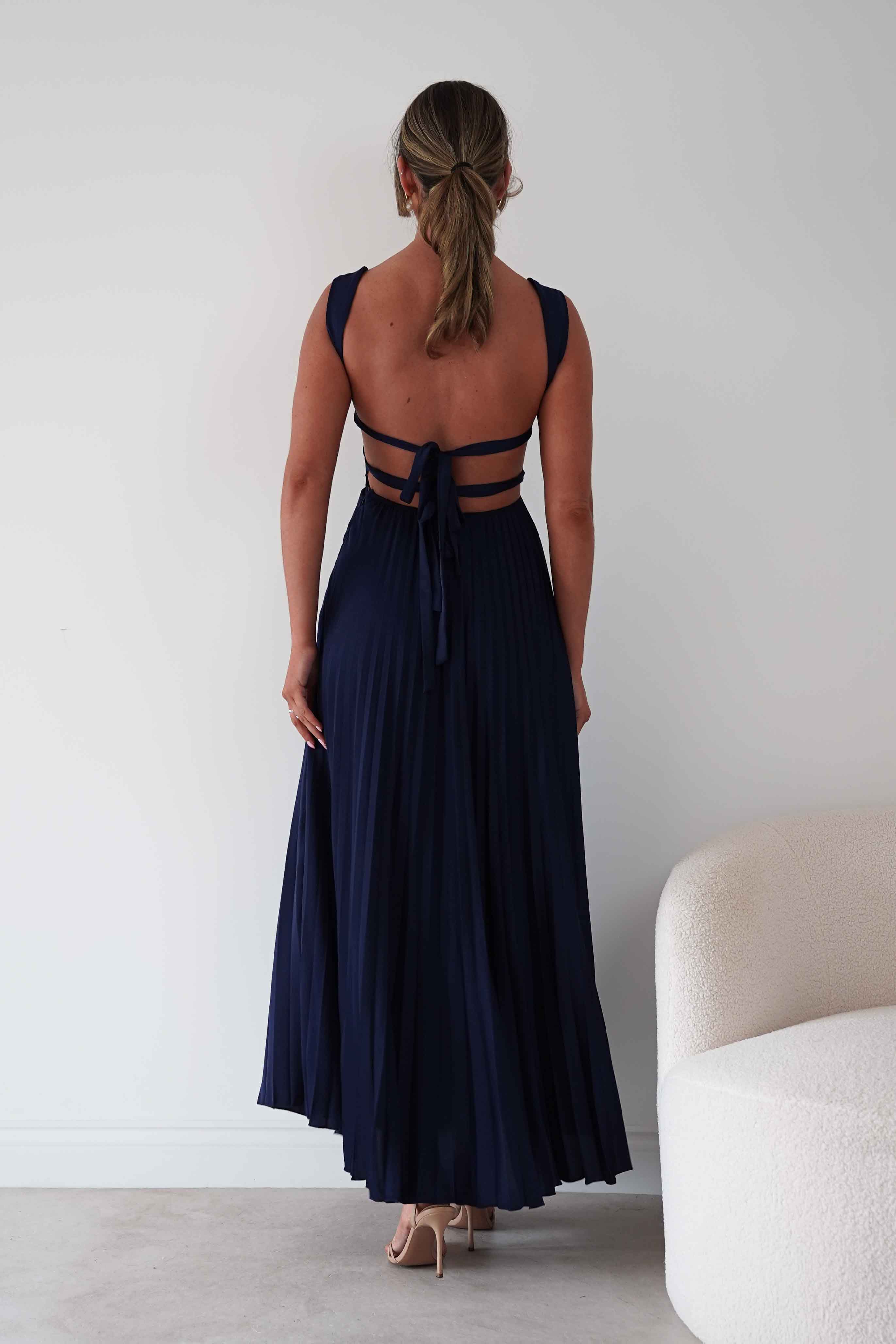 Oh Hello Clothing Women > Clothing > Dresses 1*DONE- SHAREEN-MD10021-Pleated Satin Maxi Dress/ Navy(Copy)