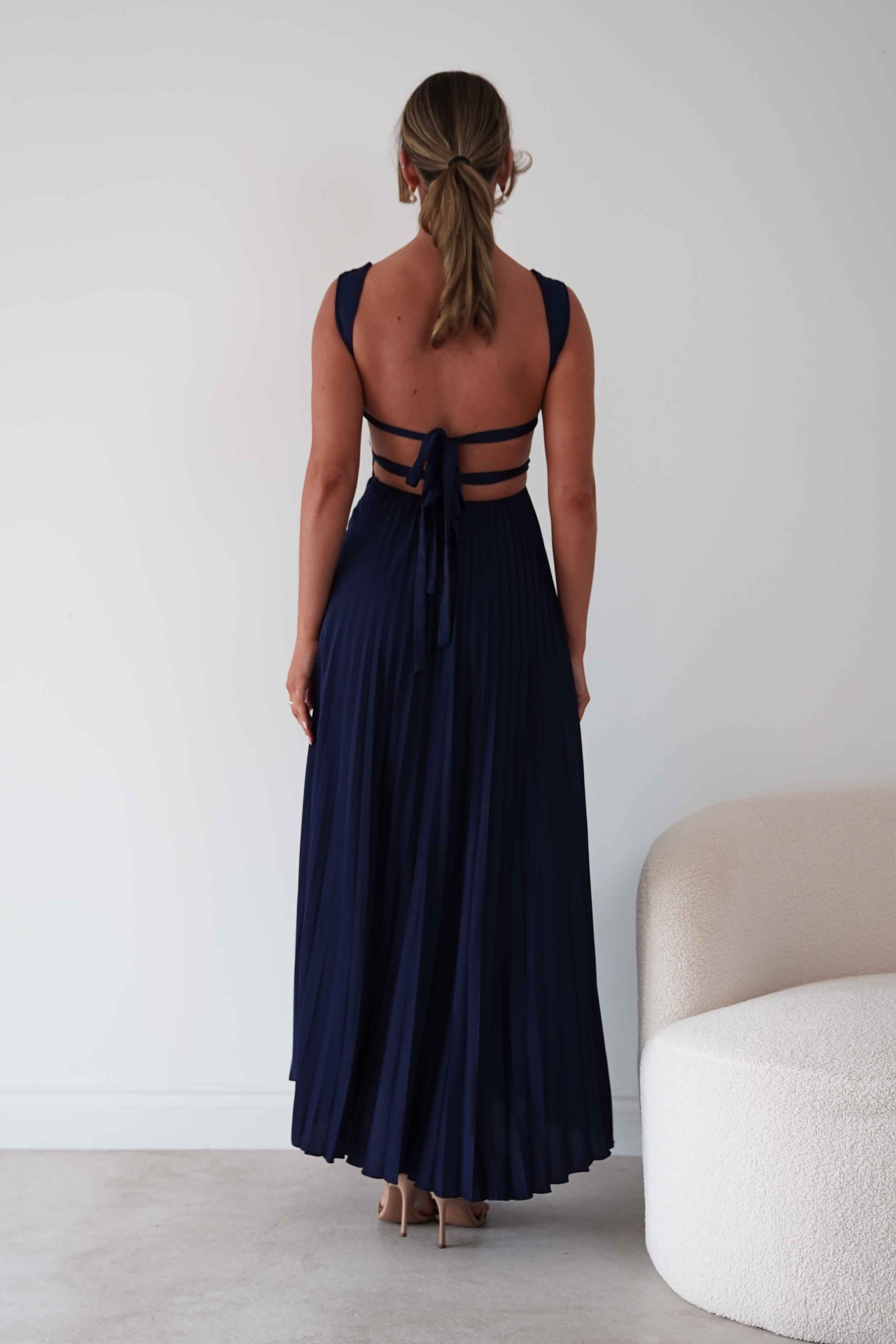 Oh Hello Clothing Women > Clothing > Dresses 1*DONE- SHAREEN-MD10021-Pleated Satin Maxi Dress/ Navy(Copy)