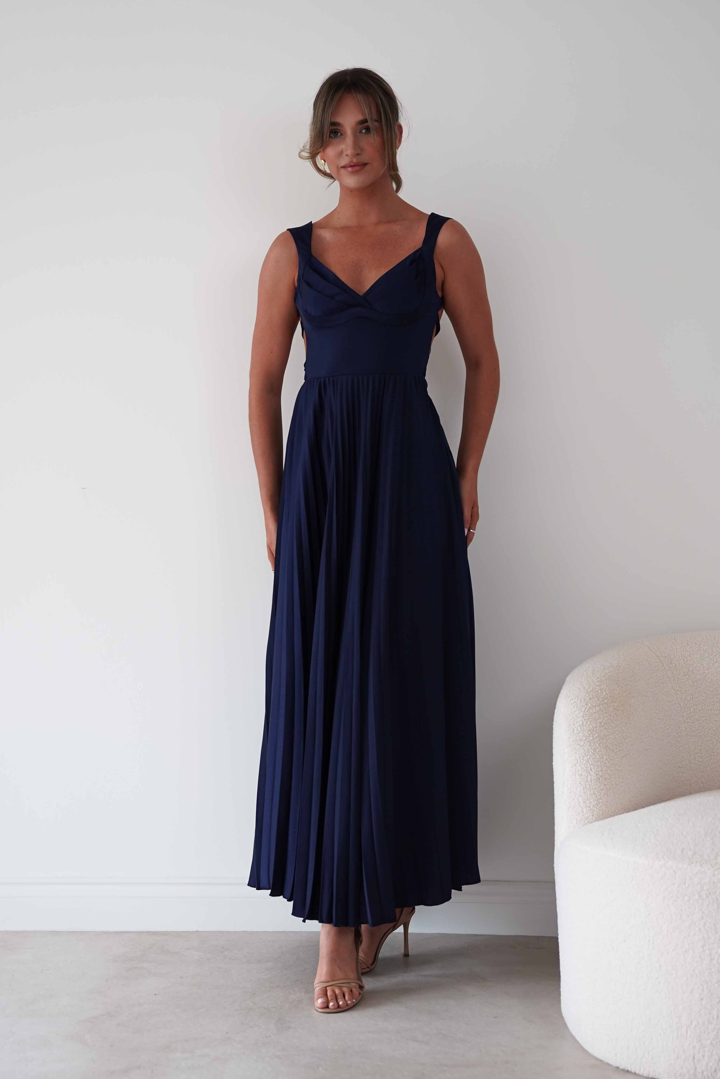 Oh Hello Clothing Women > Clothing > Dresses 1*DONE- SHAREEN-MD10021-Pleated Satin Maxi Dress/ Navy(Copy)