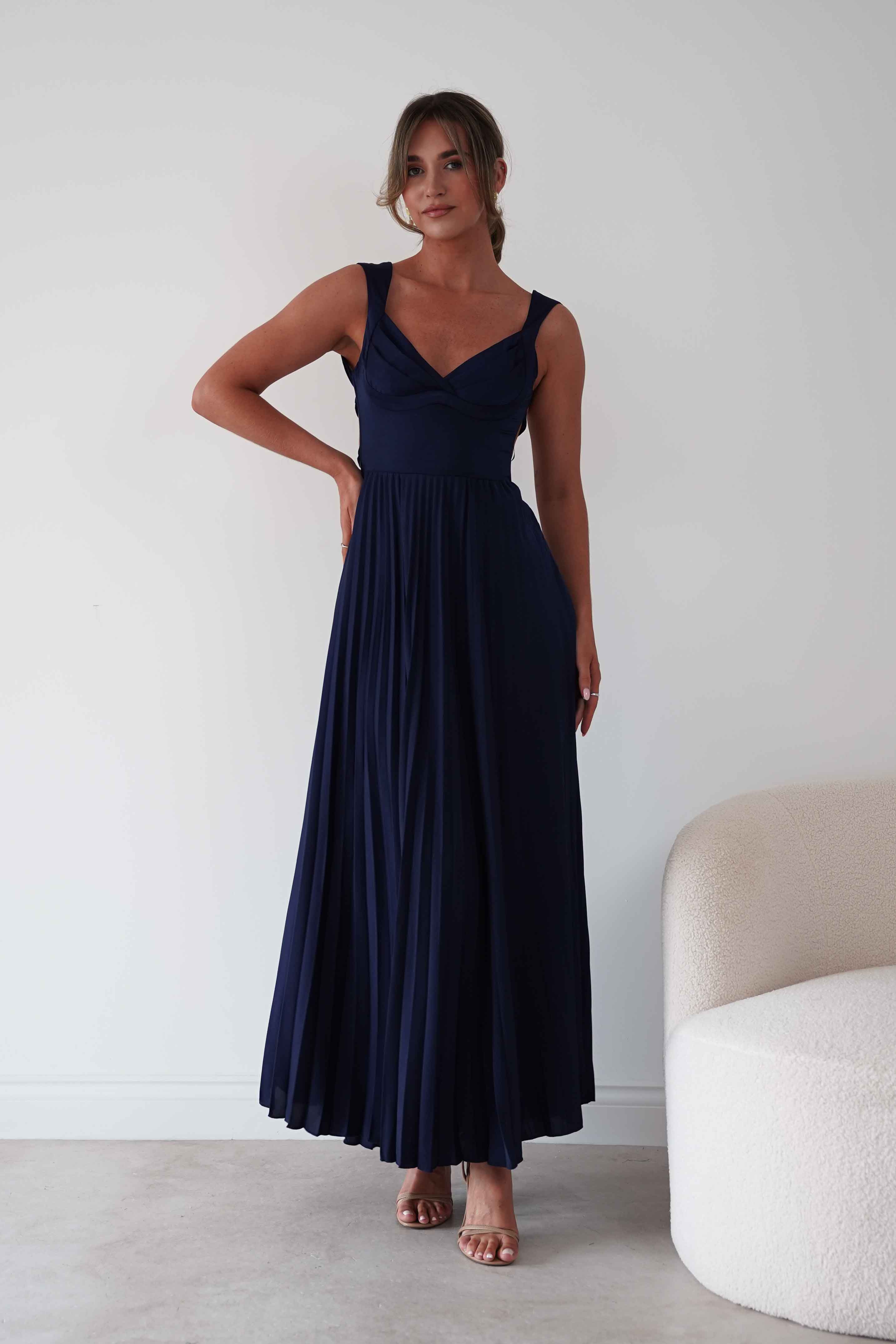 Oh Hello Clothing Women > Clothing > Dresses 1*DONE- SHAREEN-MD10021-Pleated Satin Maxi Dress/ Navy(Copy)