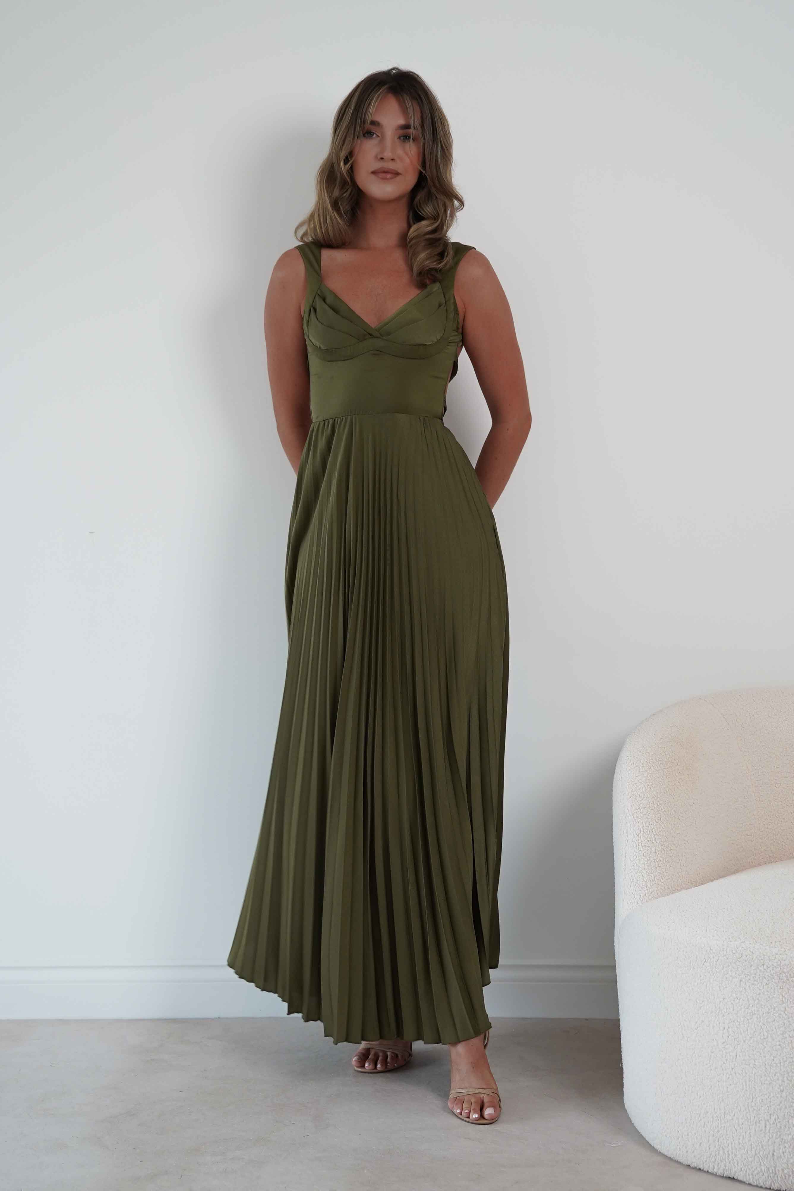 Oh Hello Clothing Women > Clothing > Dresses 1*DONE- SHAREEN-MD10021-Pleated Satin Maxi Dress/ olive (Copy) (Copy) (Copy)