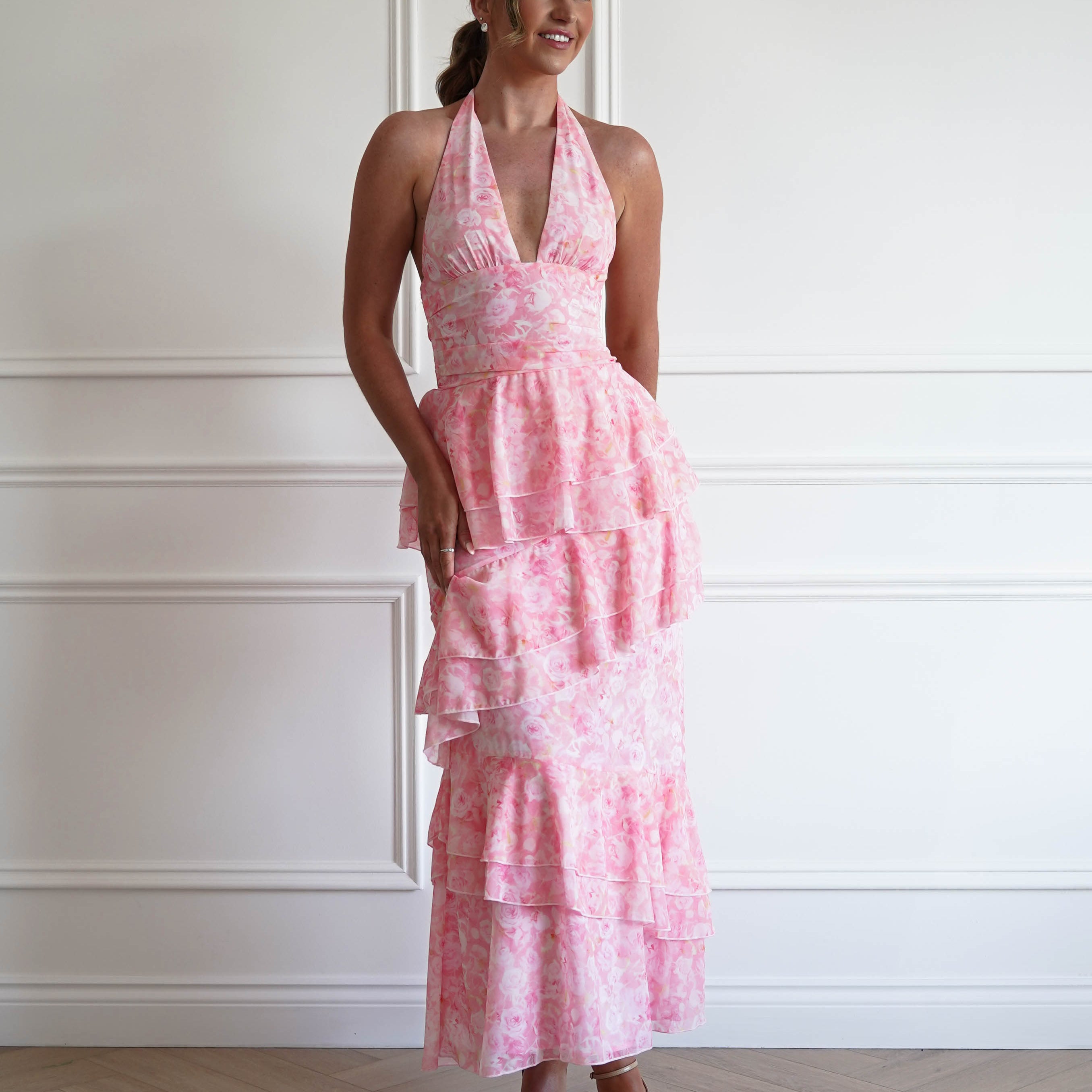 Oh Hello Clothing Women > Clothing > Dresses 1*DONE- SHAREEN-WD09641-1-PINK Tiered Halter Maxi Dress (Copy)