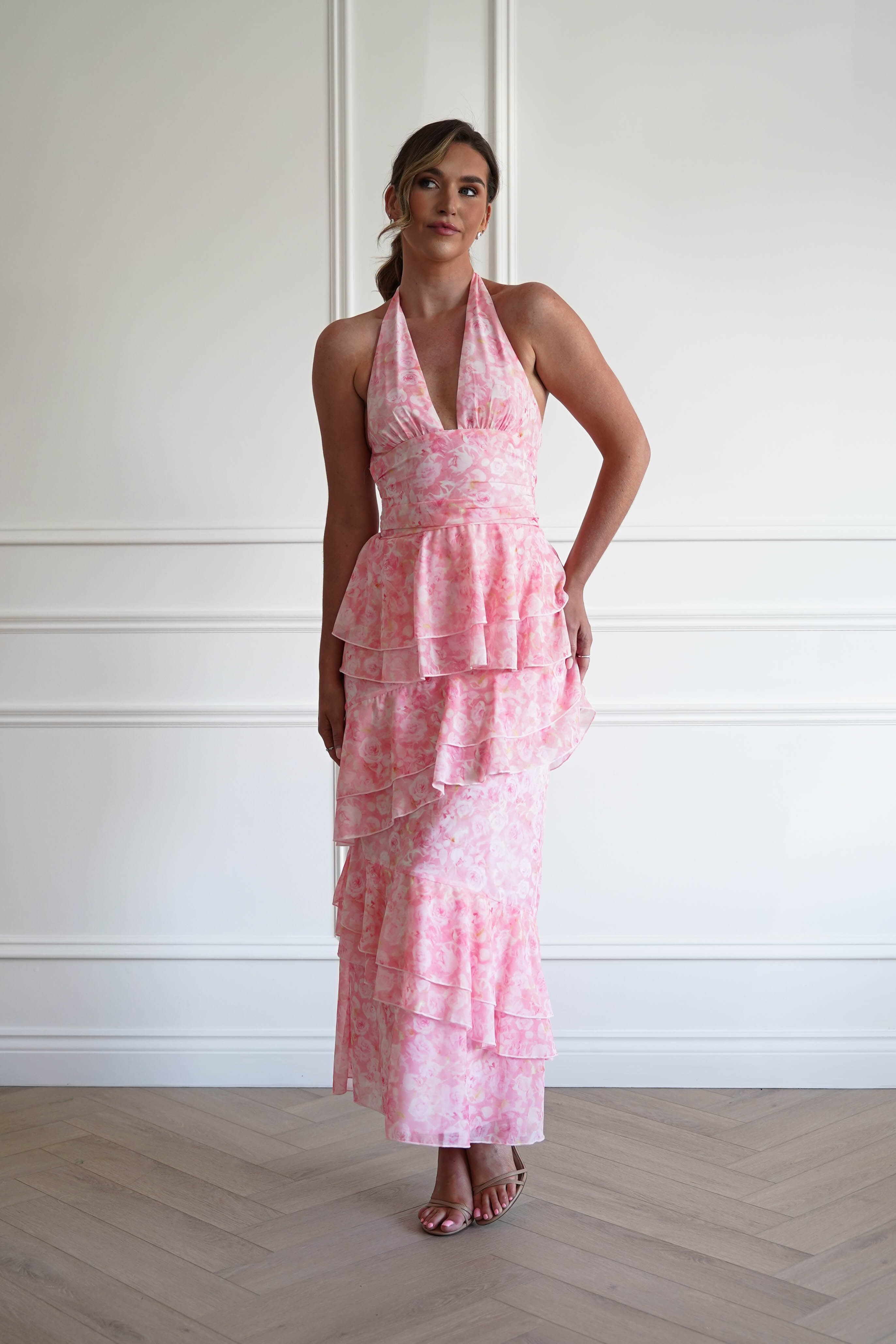 Oh Hello Clothing Women > Clothing > Dresses 1*DONE- SHAREEN-WD09641-1-PINK Tiered Halter Maxi Dress (Copy)