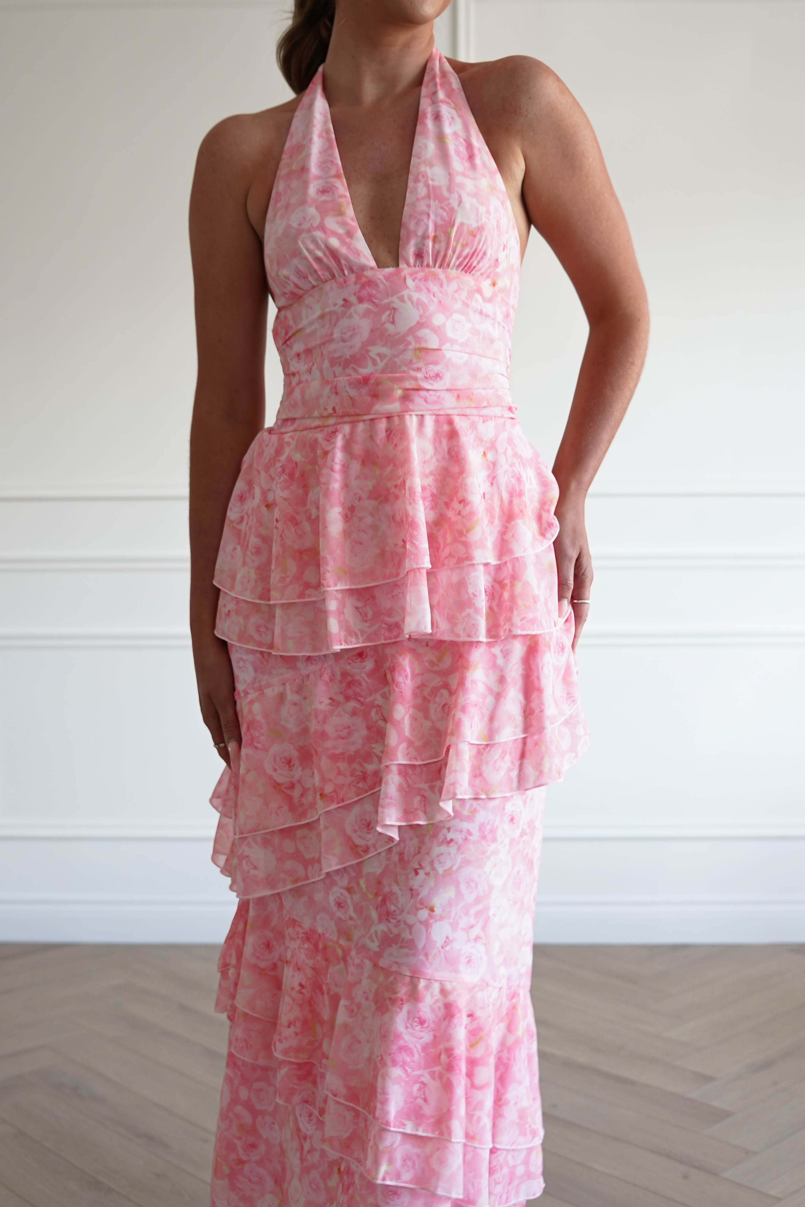 Oh Hello Clothing Women > Clothing > Dresses 1*DONE- SHAREEN-WD09641-1-PINK Tiered Halter Maxi Dress (Copy)