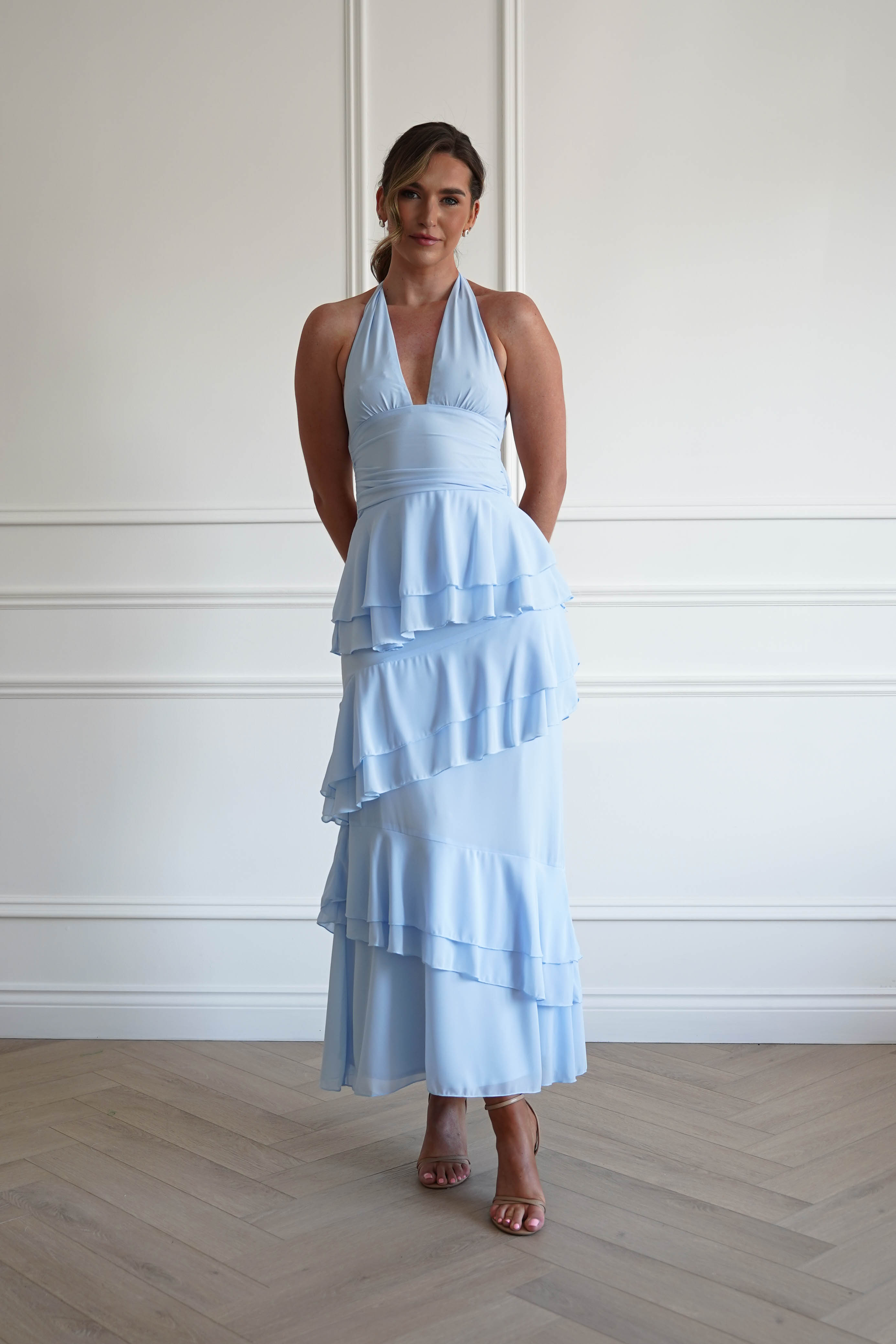 Oh Hello Clothing Women > Clothing > Dresses 1*DONE- SHAREEN-WD09641-BLUE Tiered Halter Maxi Dress