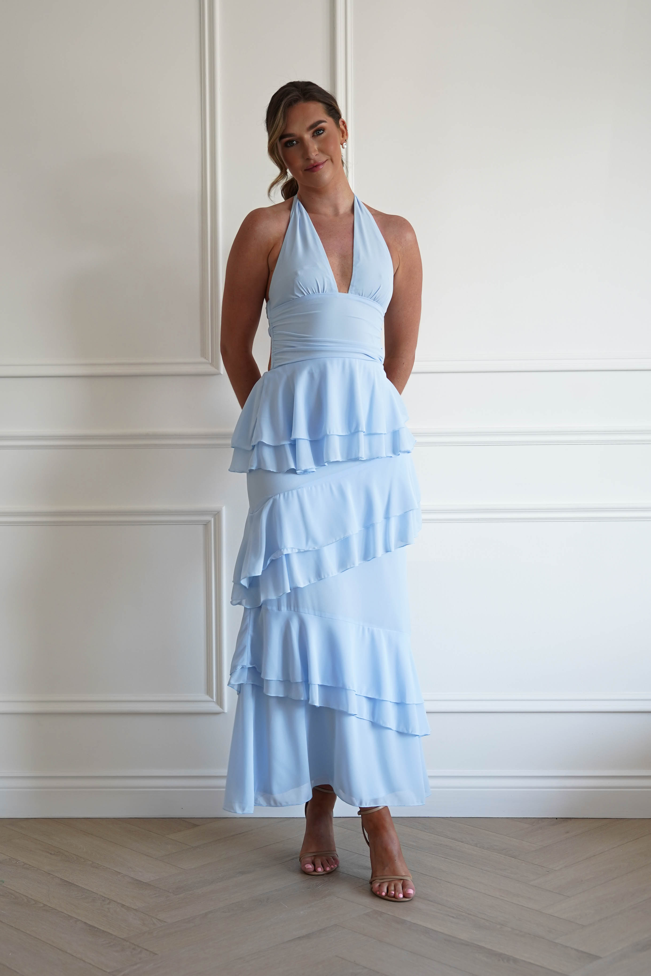 Oh Hello Clothing Women > Clothing > Dresses 1*DONE- SHAREEN-WD09641-BLUE Tiered Halter Maxi Dress