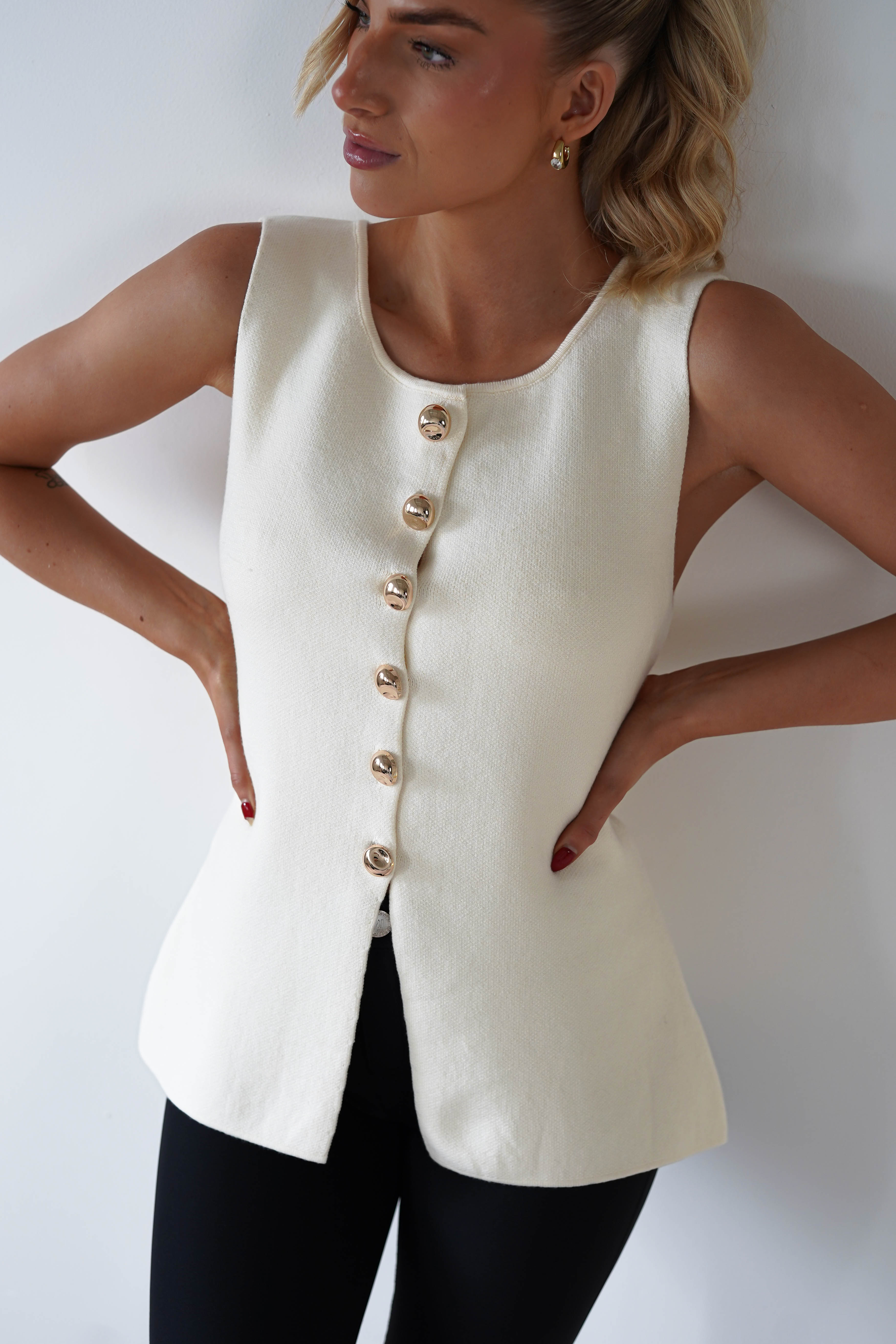 Louella Gold Button Waistcoat Top | Cream | Oh Hello Clothing | S/M (6 - 10)