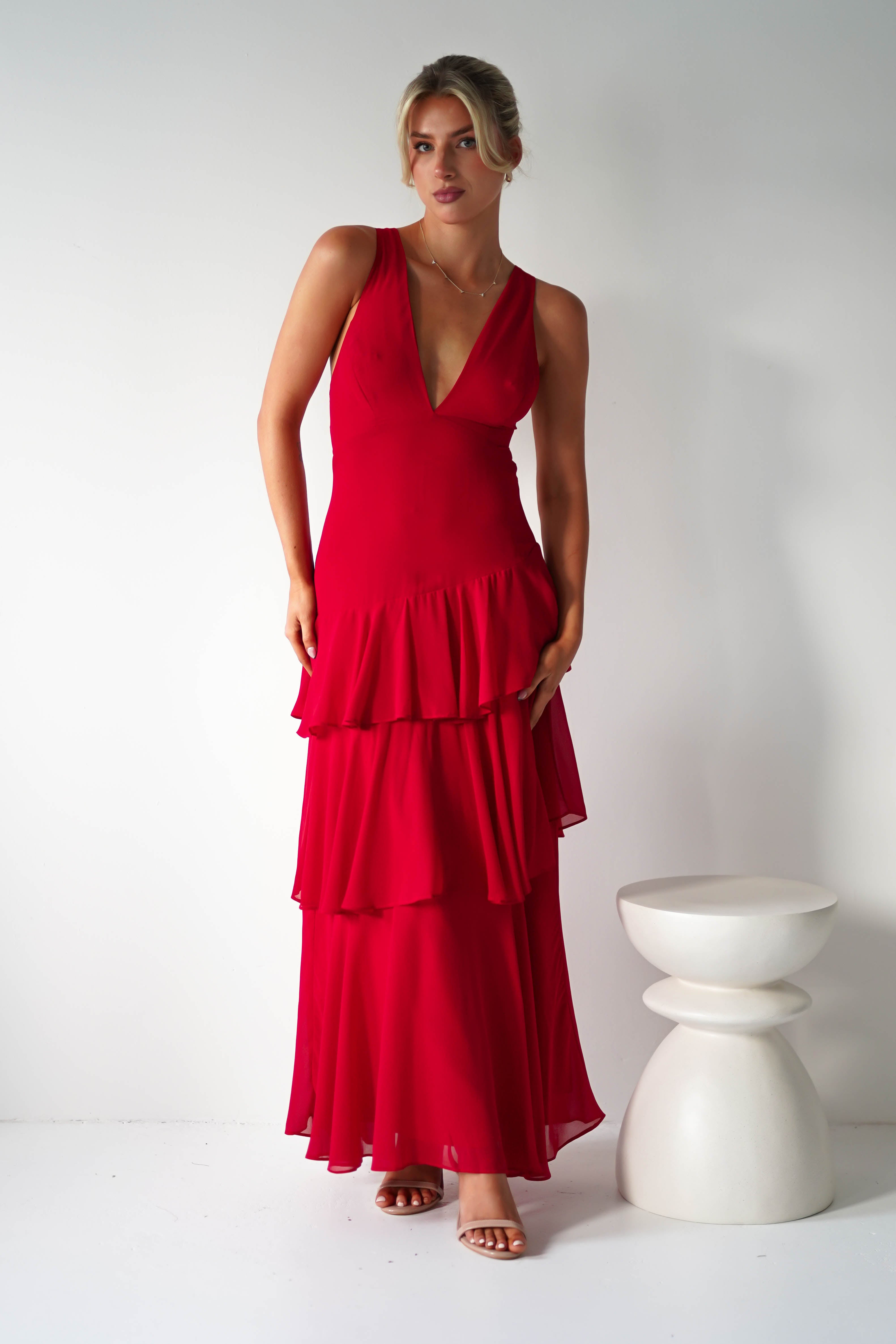 Andalusia Ruffle Maxi Dress | Red | Oh Hello Clothing | XS (6)
