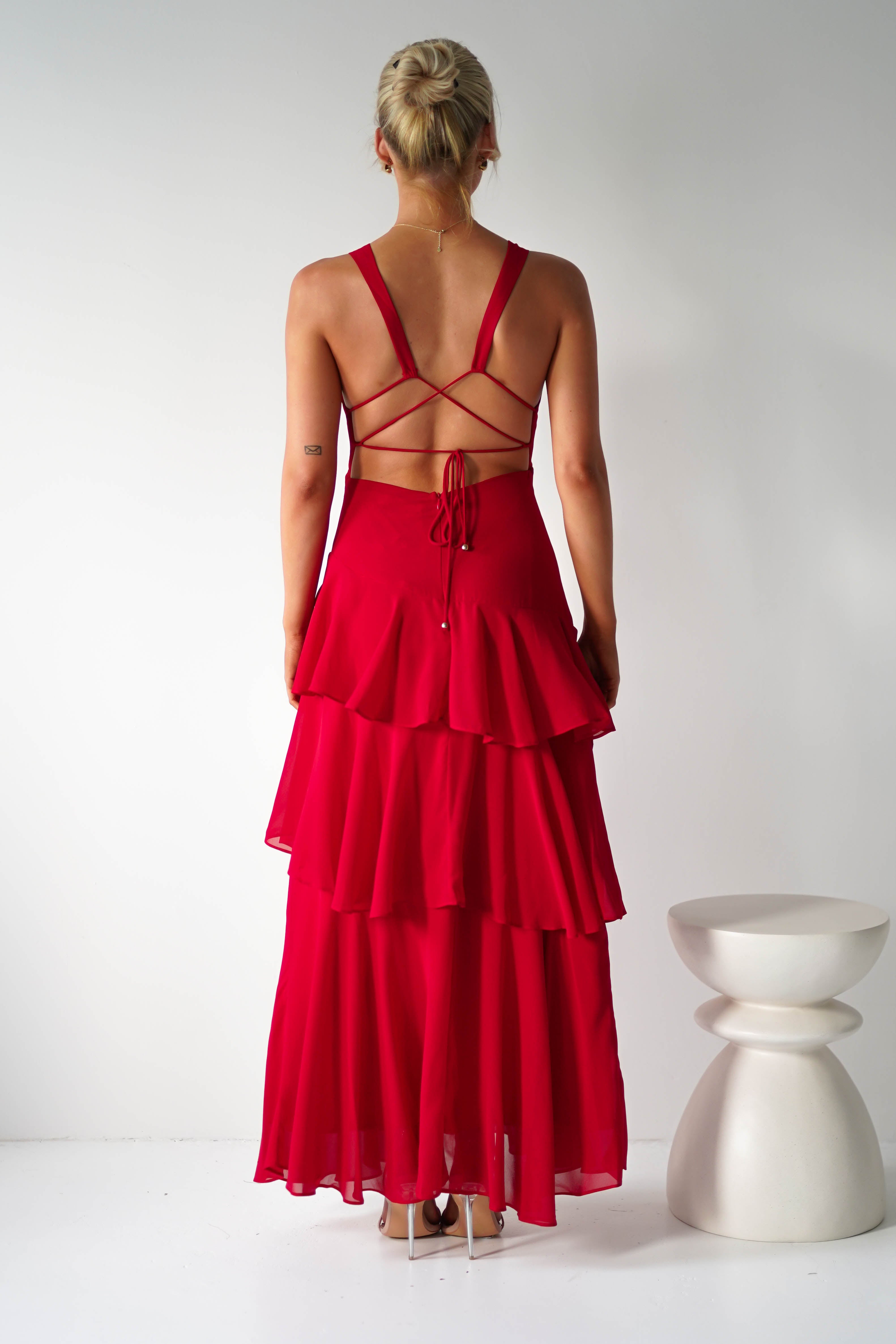 Andalusia Ruffle Maxi Dress | Red | Oh Hello Clothing | XS (6)