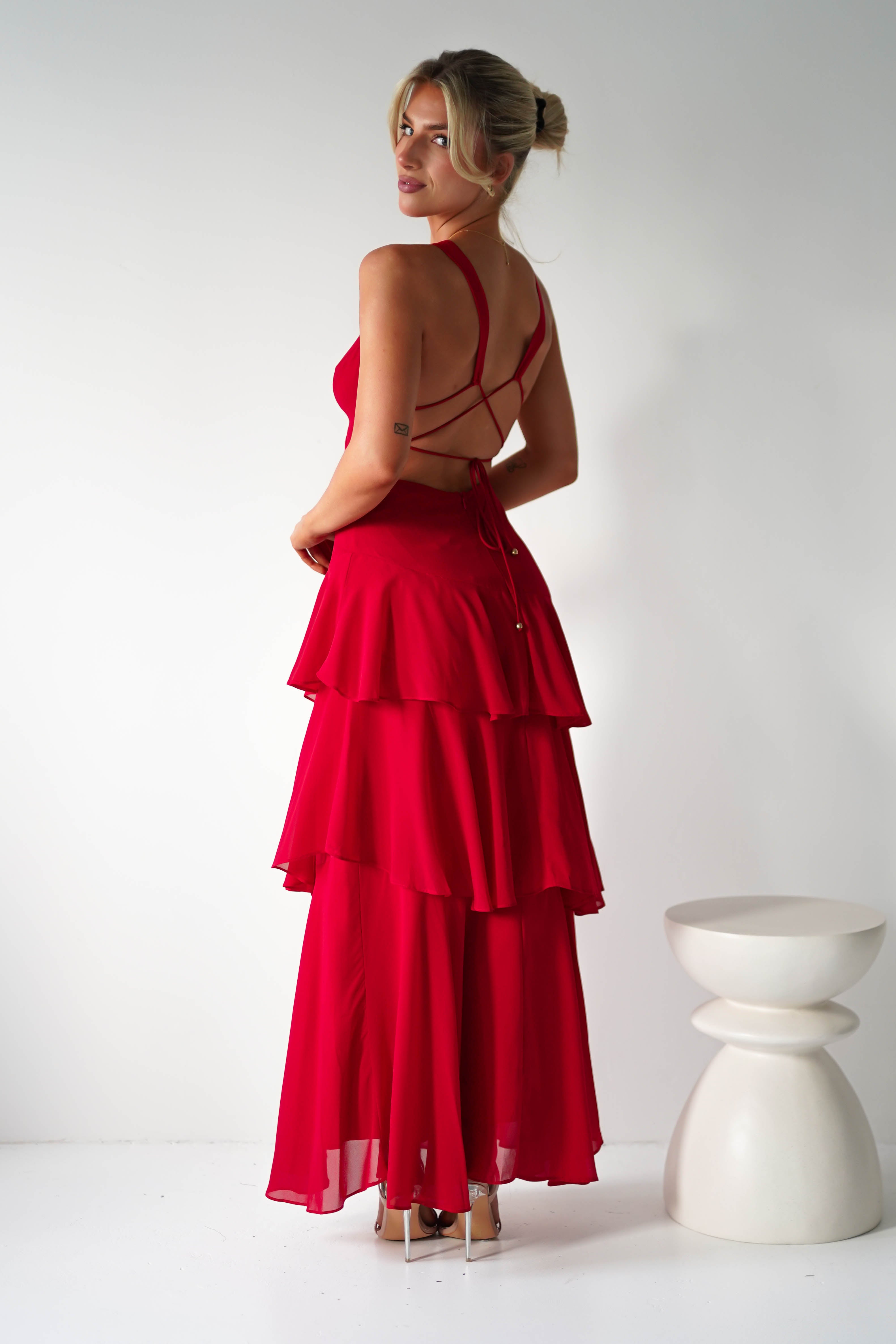 Andalusia Ruffle Maxi Dress | Red | Oh Hello Clothing | XS (6)