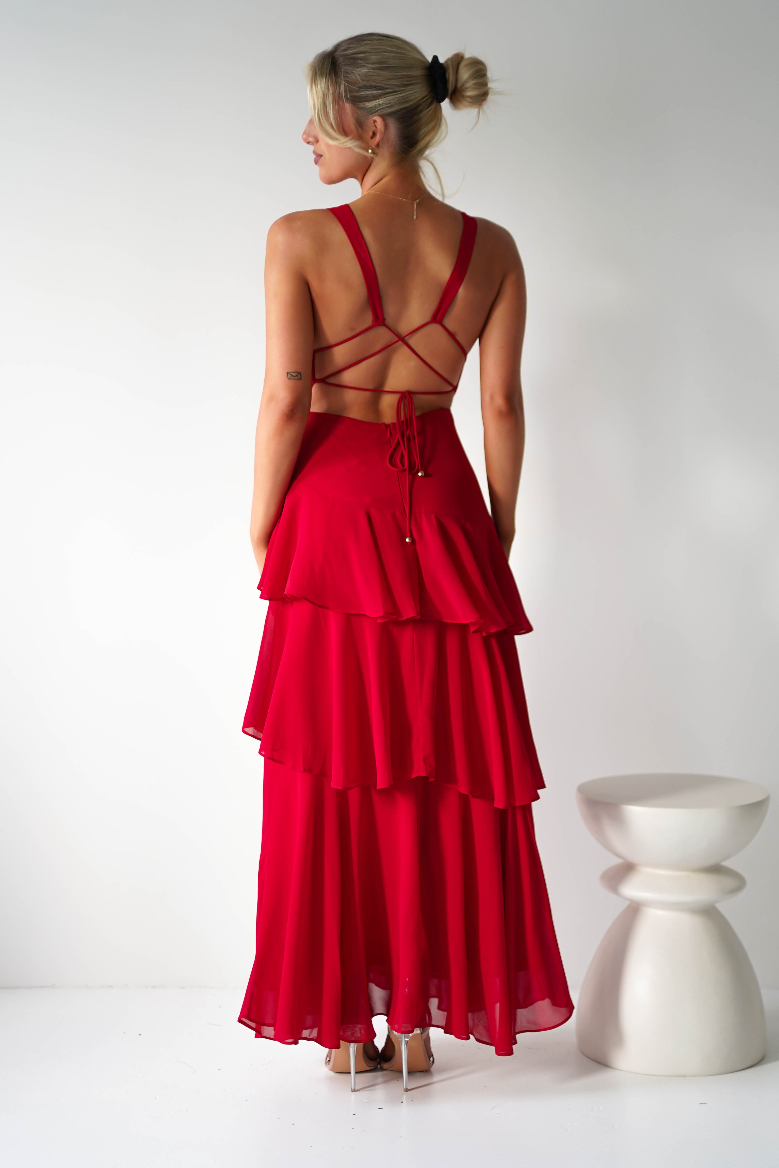 Andalusia Ruffle Maxi Dress | Red | Oh Hello Clothing | XS (6)