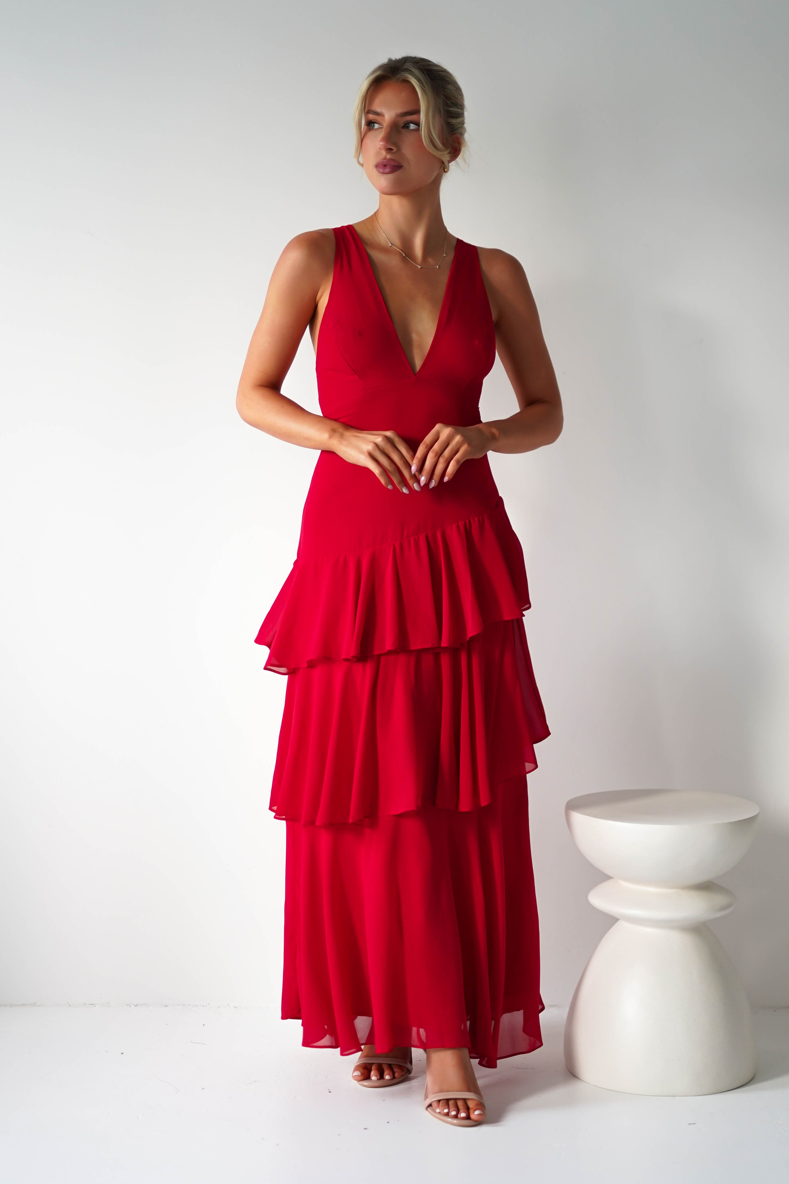 Andalusia Ruffle Maxi Dress | Red | Oh Hello Clothing | XS (6)