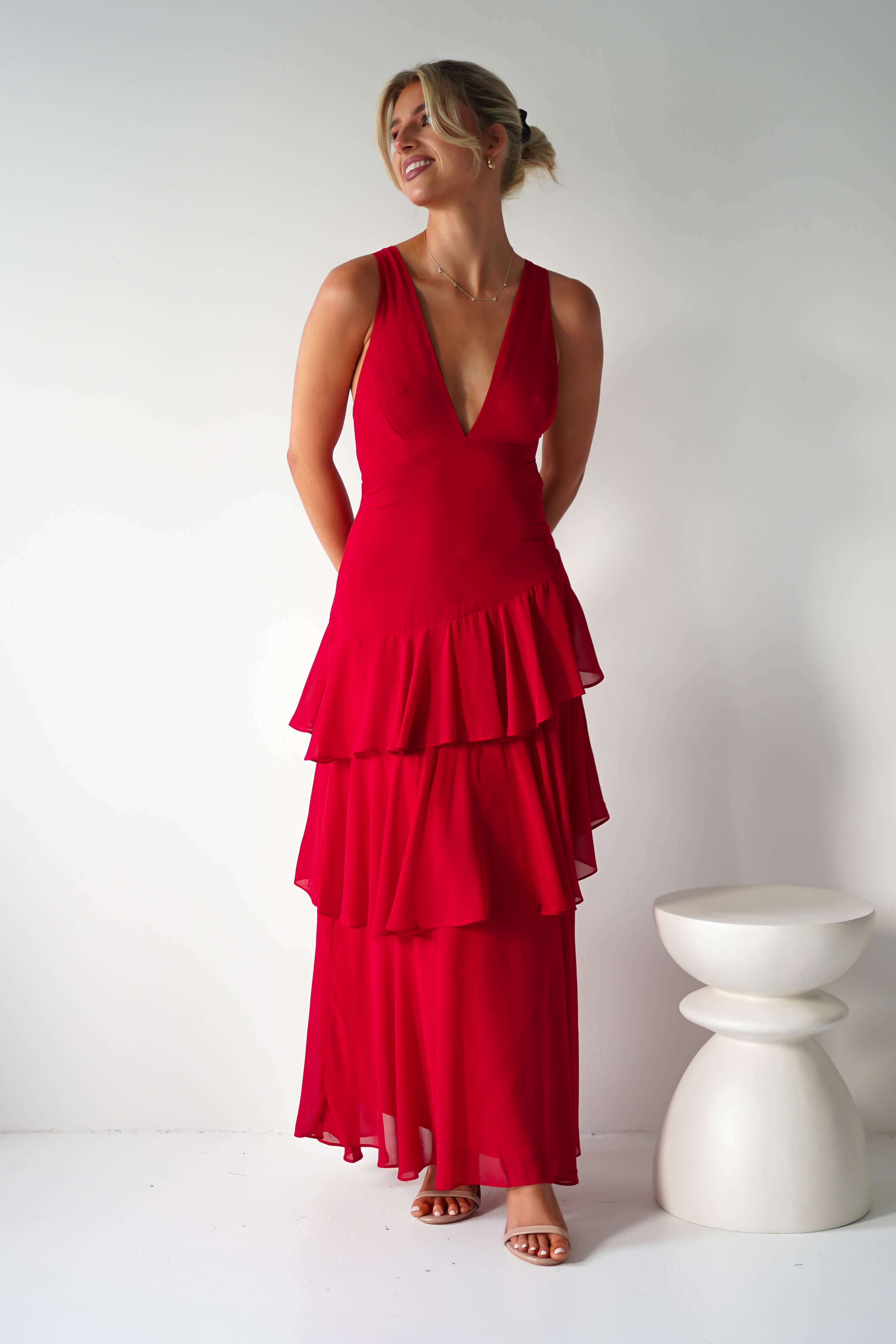 Andalusia Ruffle Maxi Dress | Red | Oh Hello Clothing | XS (6)