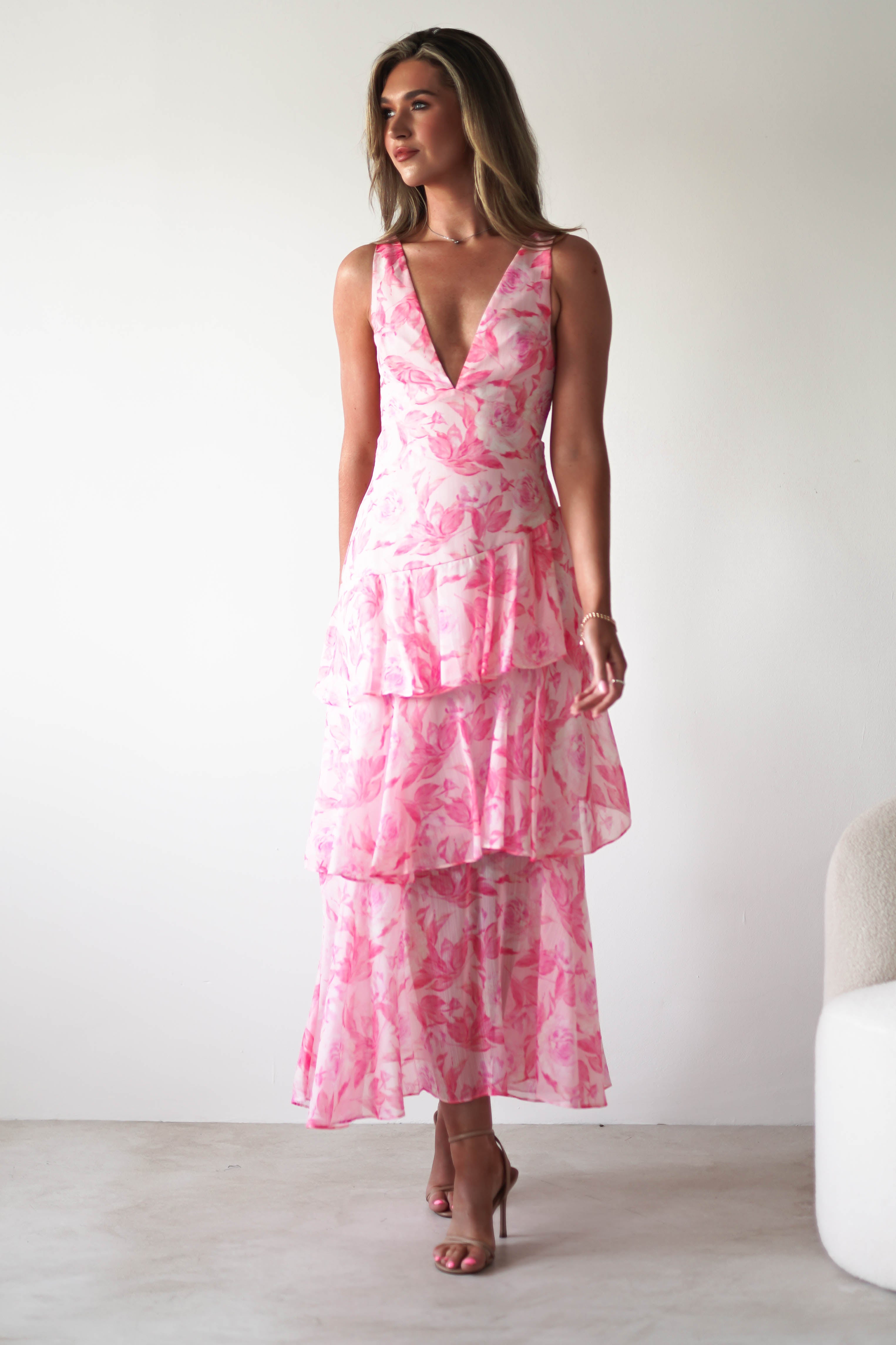 Quincy Floral Ruffle Maxi Dress | Pink Print | Oh Hello Clothing | XS (6)