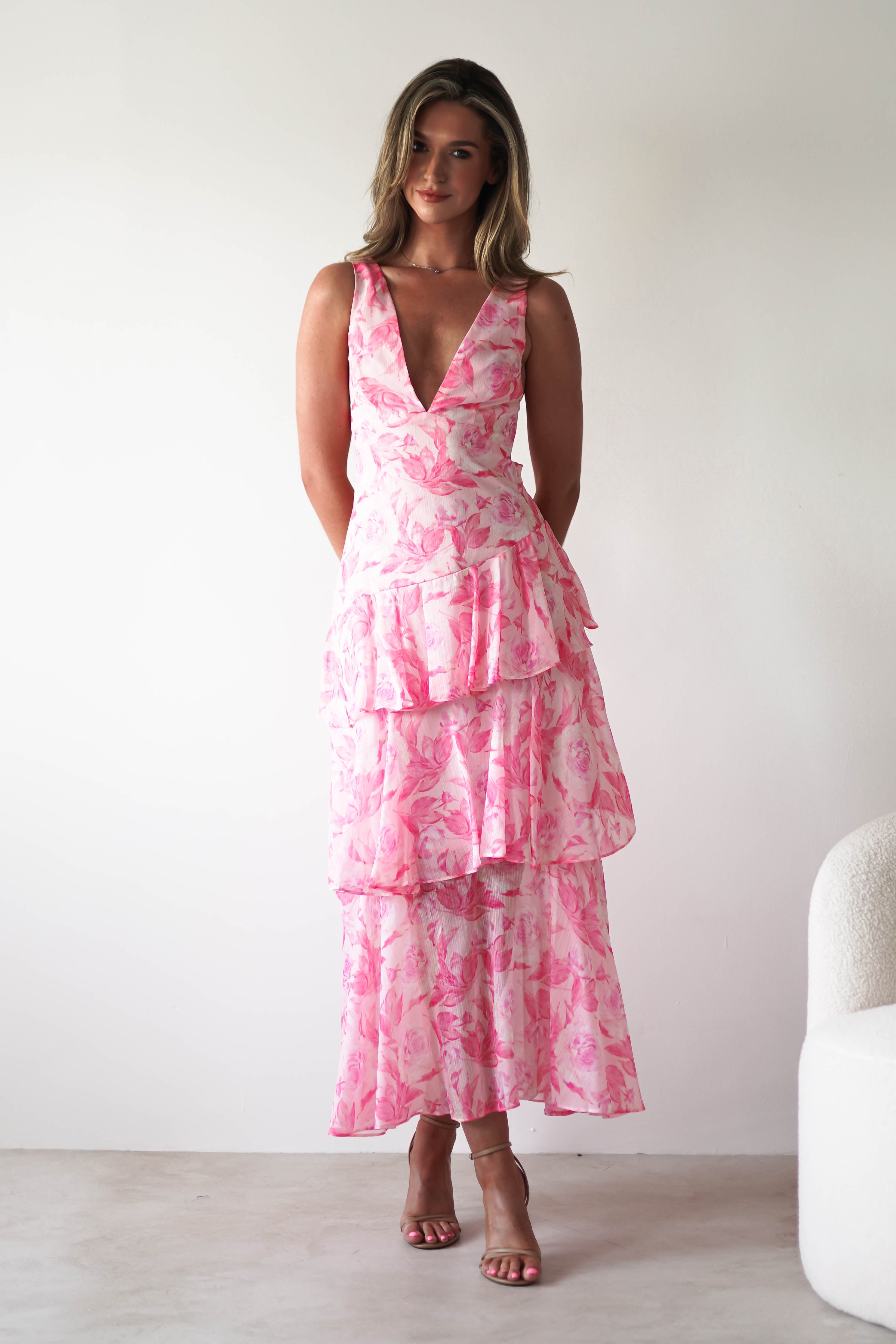 Quincy Floral Ruffle Maxi Dress | Pink Print | Oh Hello Clothing | XS (6)