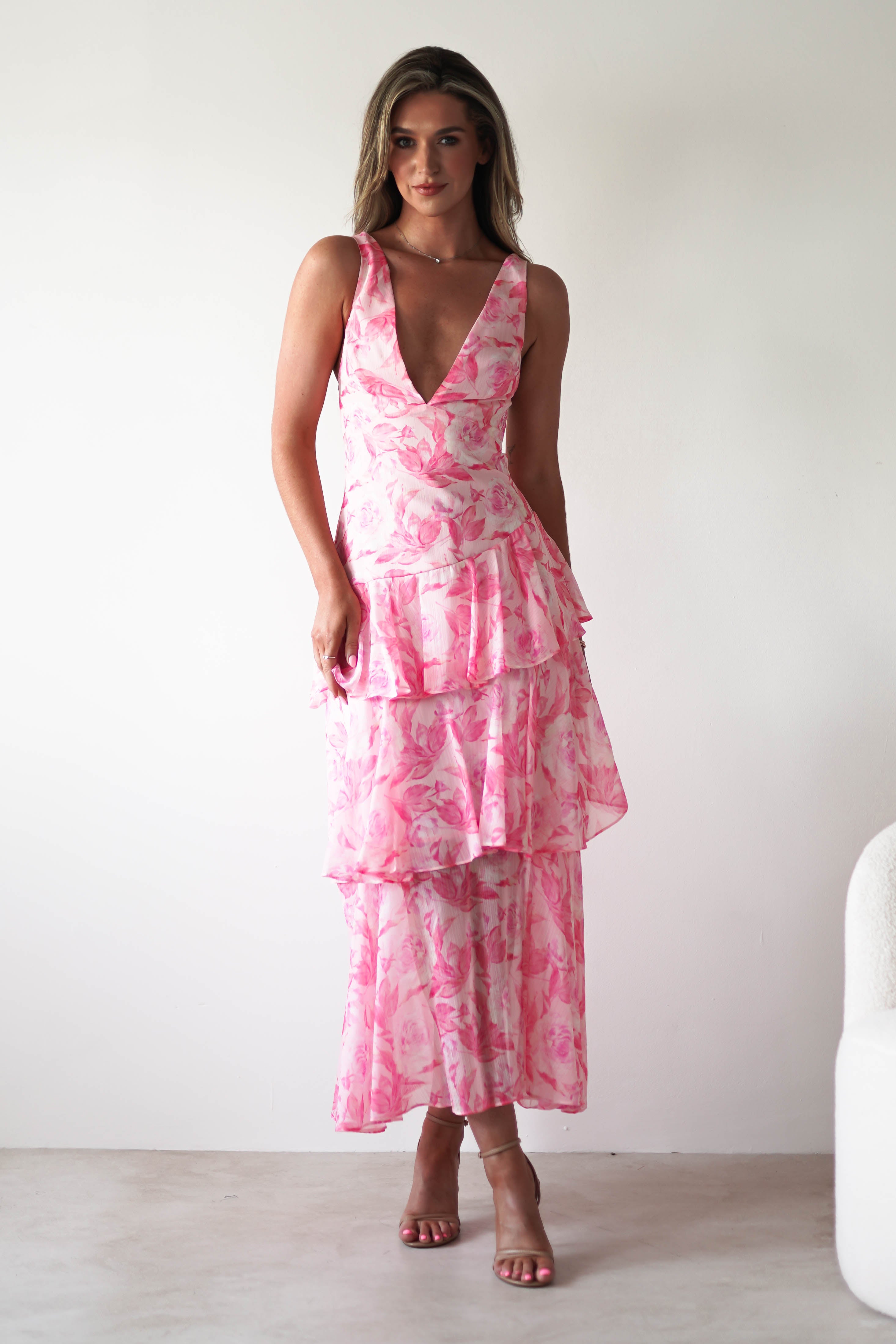 Quincy Floral Ruffle Maxi Dress | Pink Print | Oh Hello Clothing | XS (6)