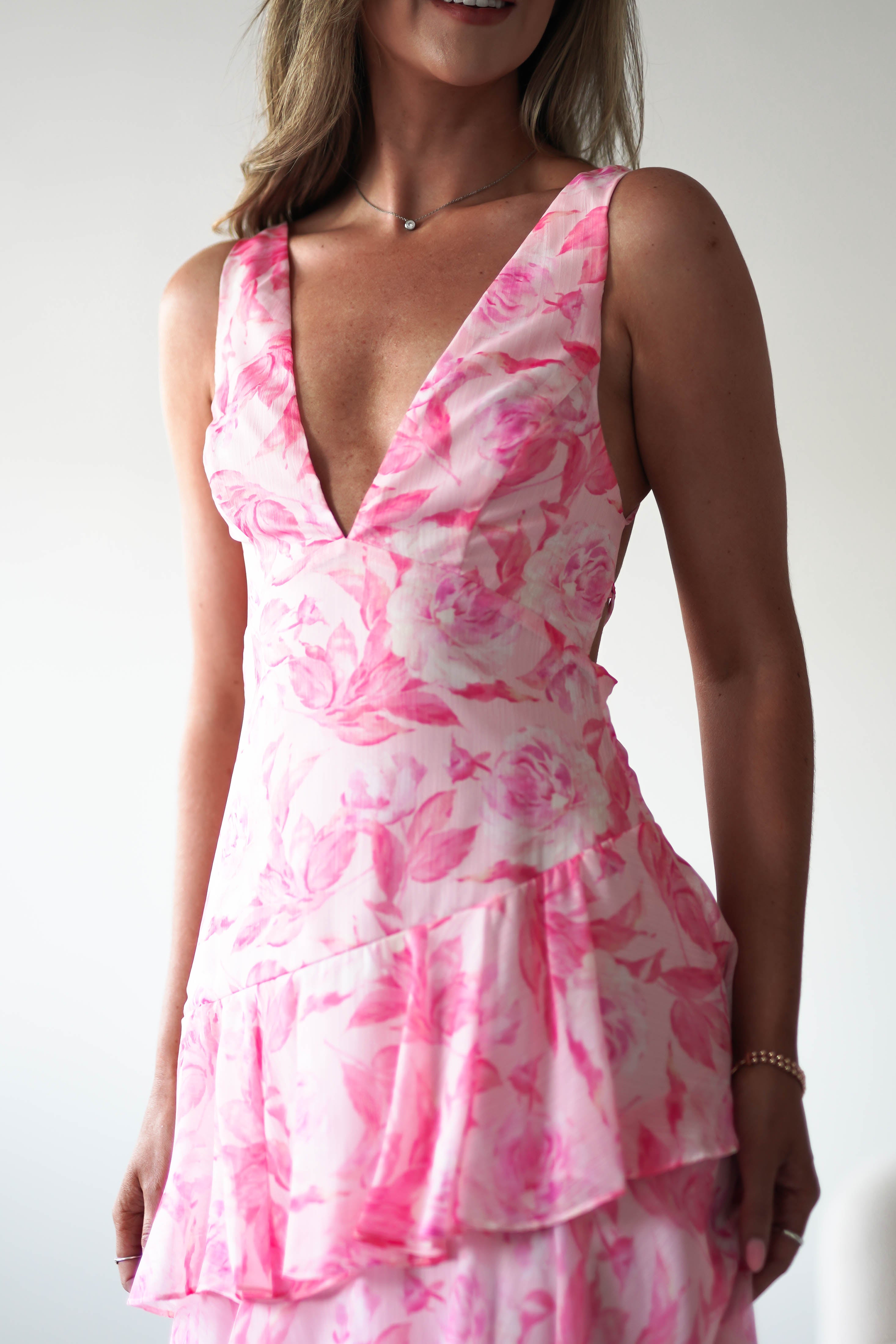 Quincy Floral Ruffle Maxi Dress | Pink Print | Oh Hello Clothing | XS (6)