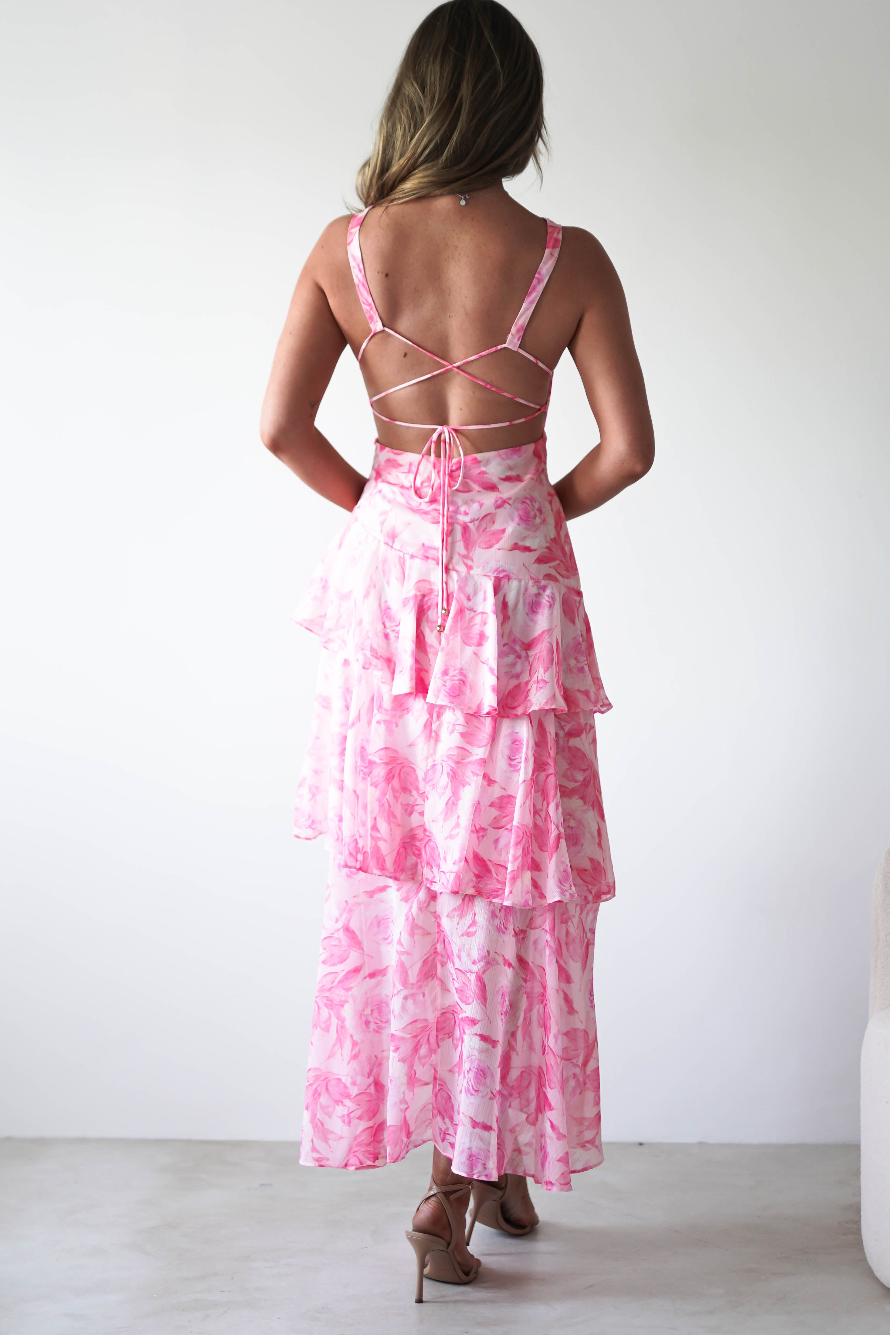 Quincy Floral Ruffle Maxi Dress | Pink Print | Oh Hello Clothing | XS (6)