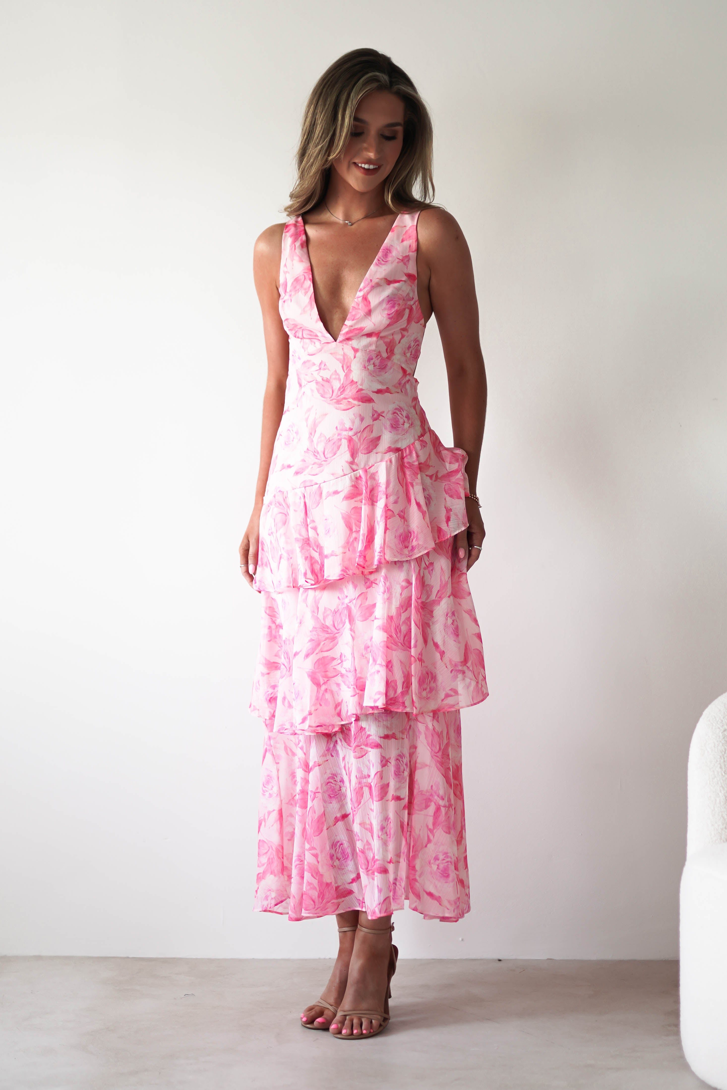 Quincy Floral Ruffle Maxi Dress | Pink Print | Oh Hello Clothing | XS (6)