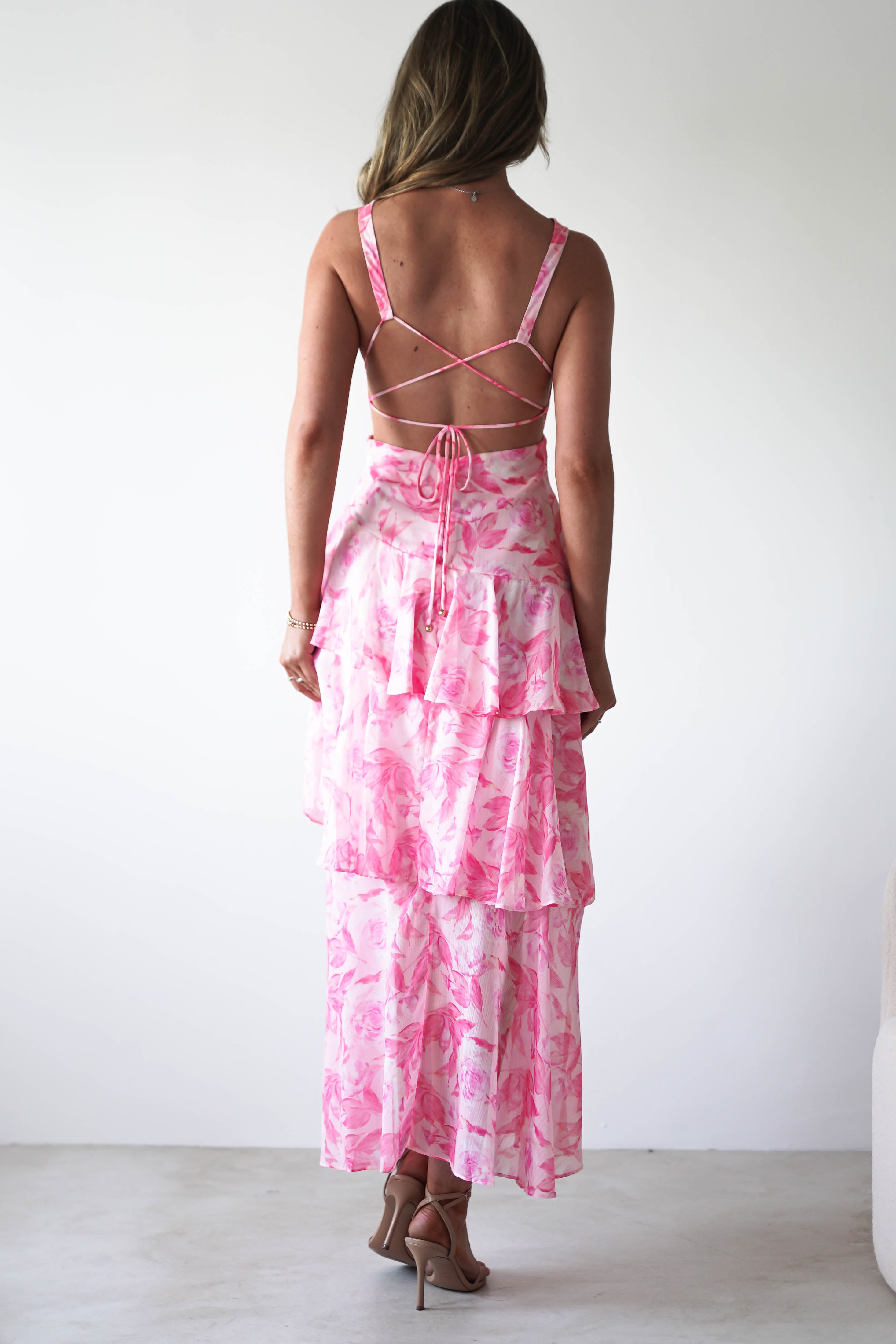Quincy Floral Ruffle Maxi Dress | Pink Print | Oh Hello Clothing | XS (6)