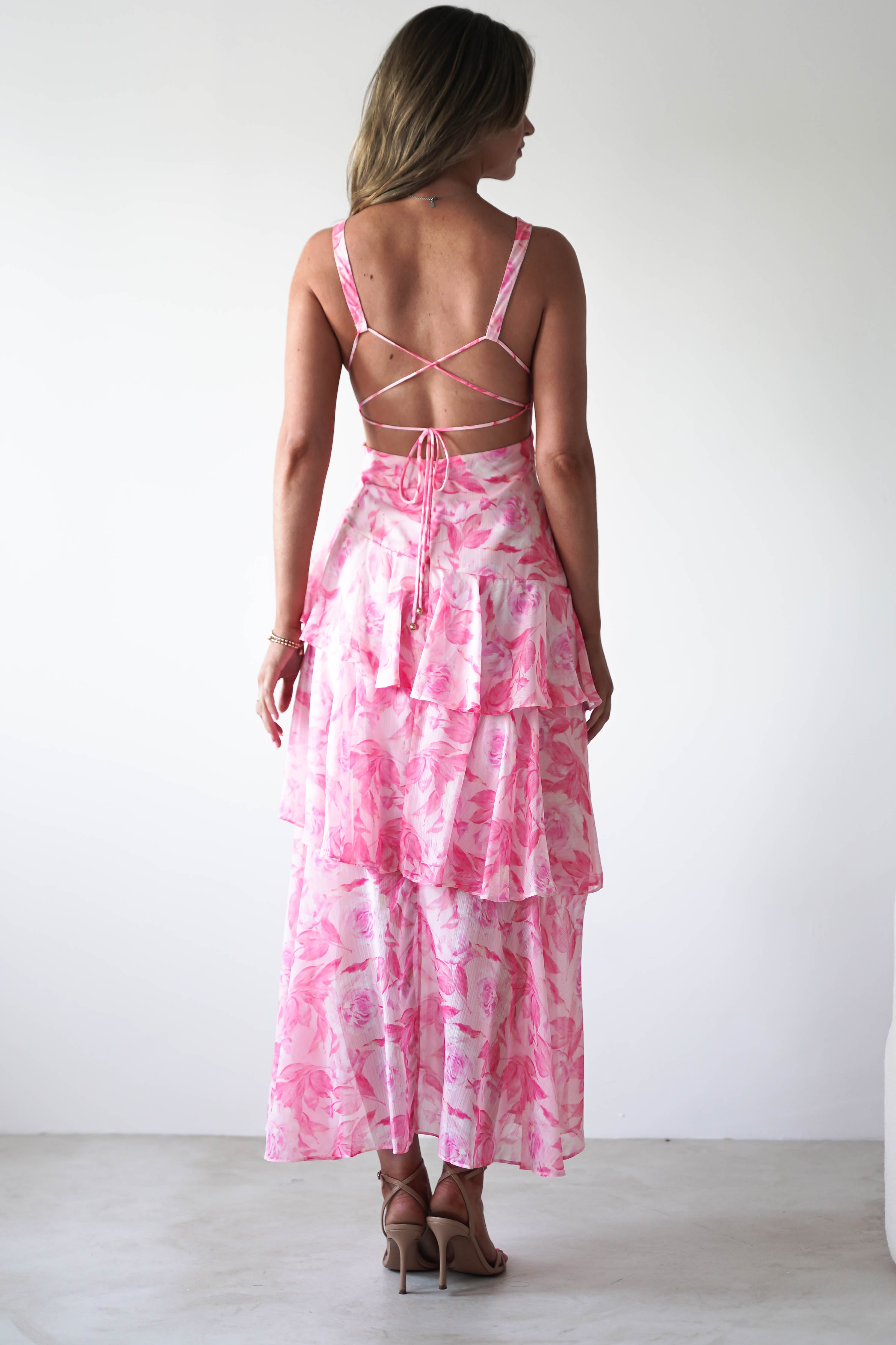Quincy Floral Ruffle Maxi Dress | Pink Print | Oh Hello Clothing | XS (6)