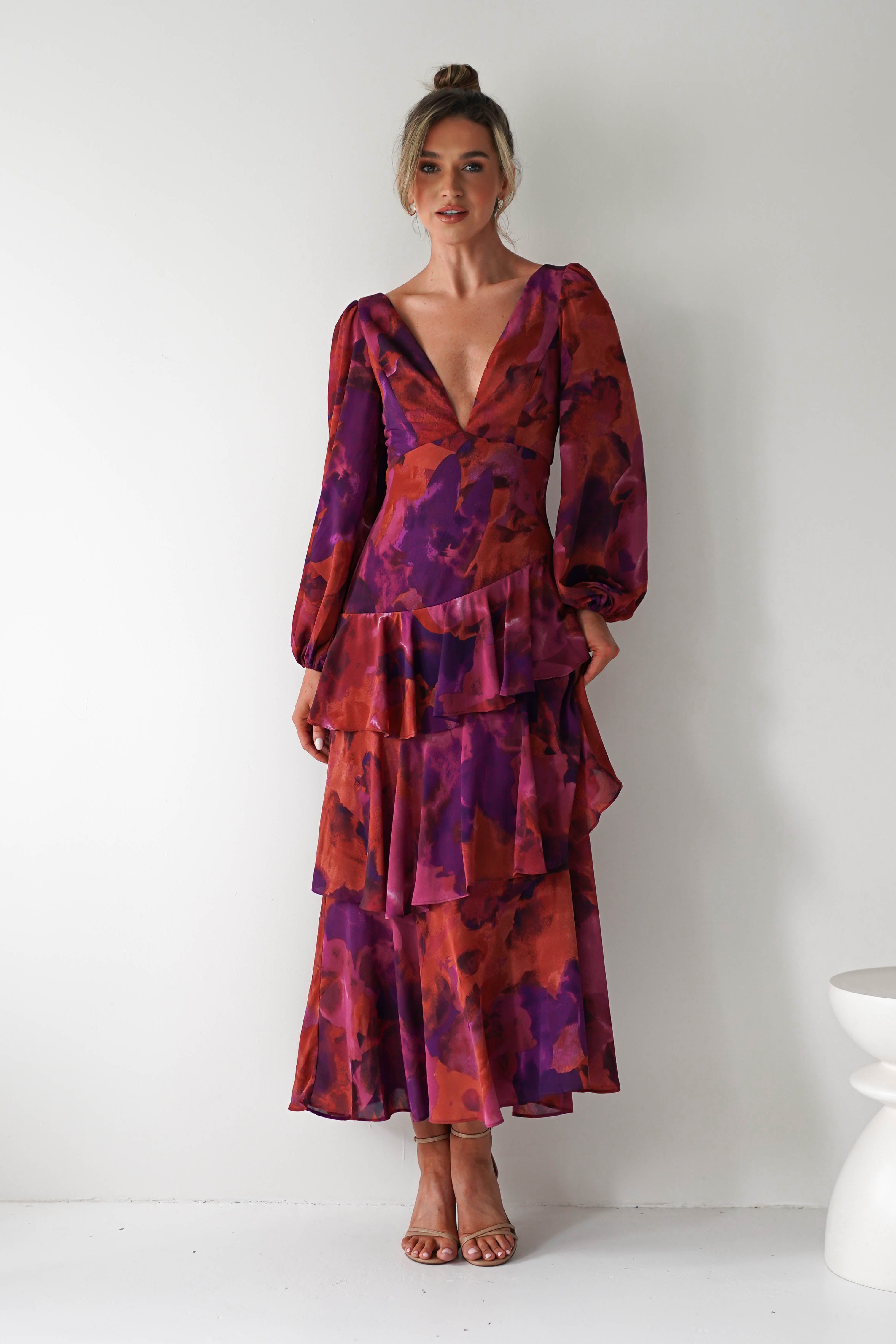 Lainey Ruffle Maxi Dress | Mixed Print | Oh Hello Clothing | XS (6)