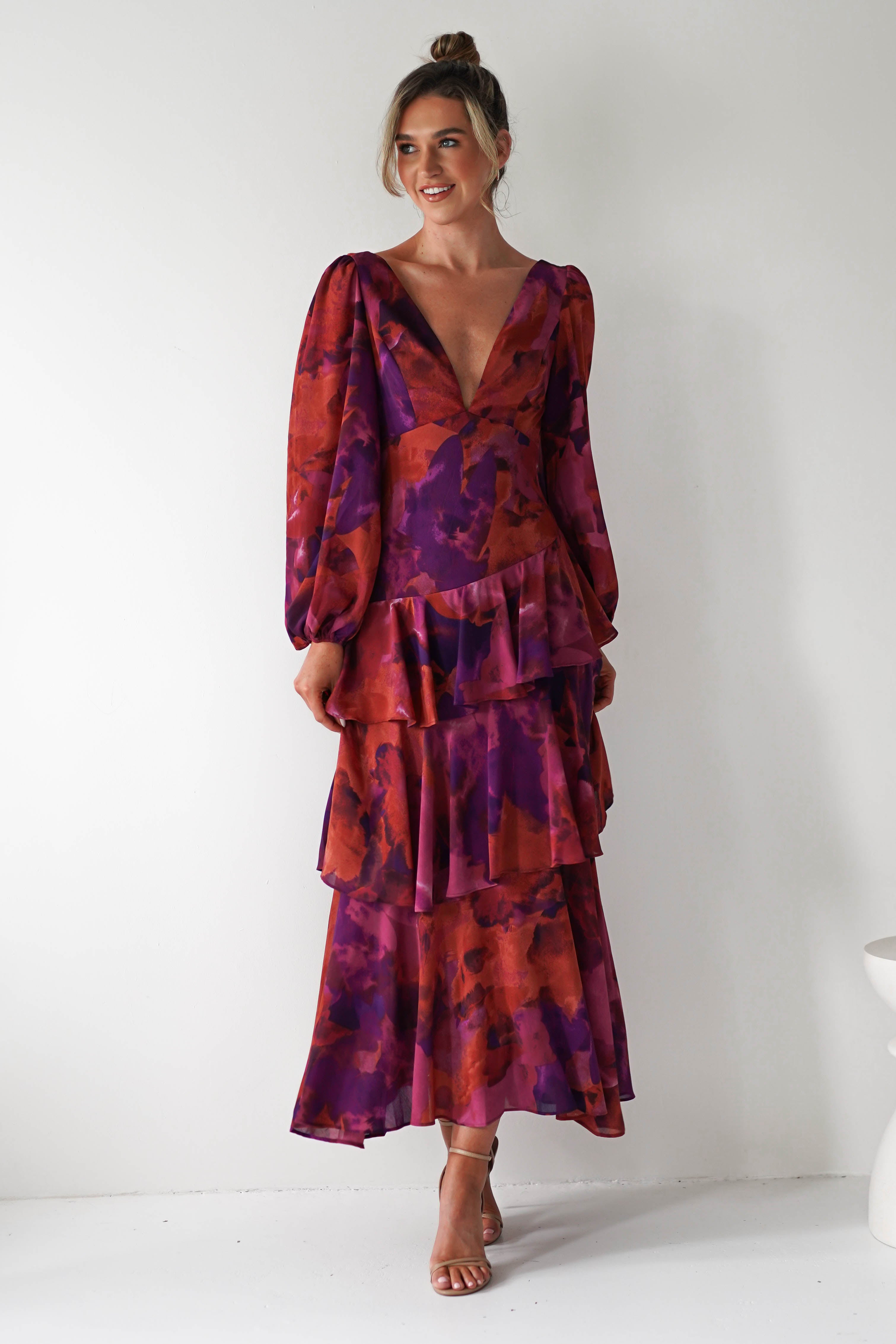 Lainey Ruffle Maxi Dress | Mixed Print | Oh Hello Clothing | XS (6)