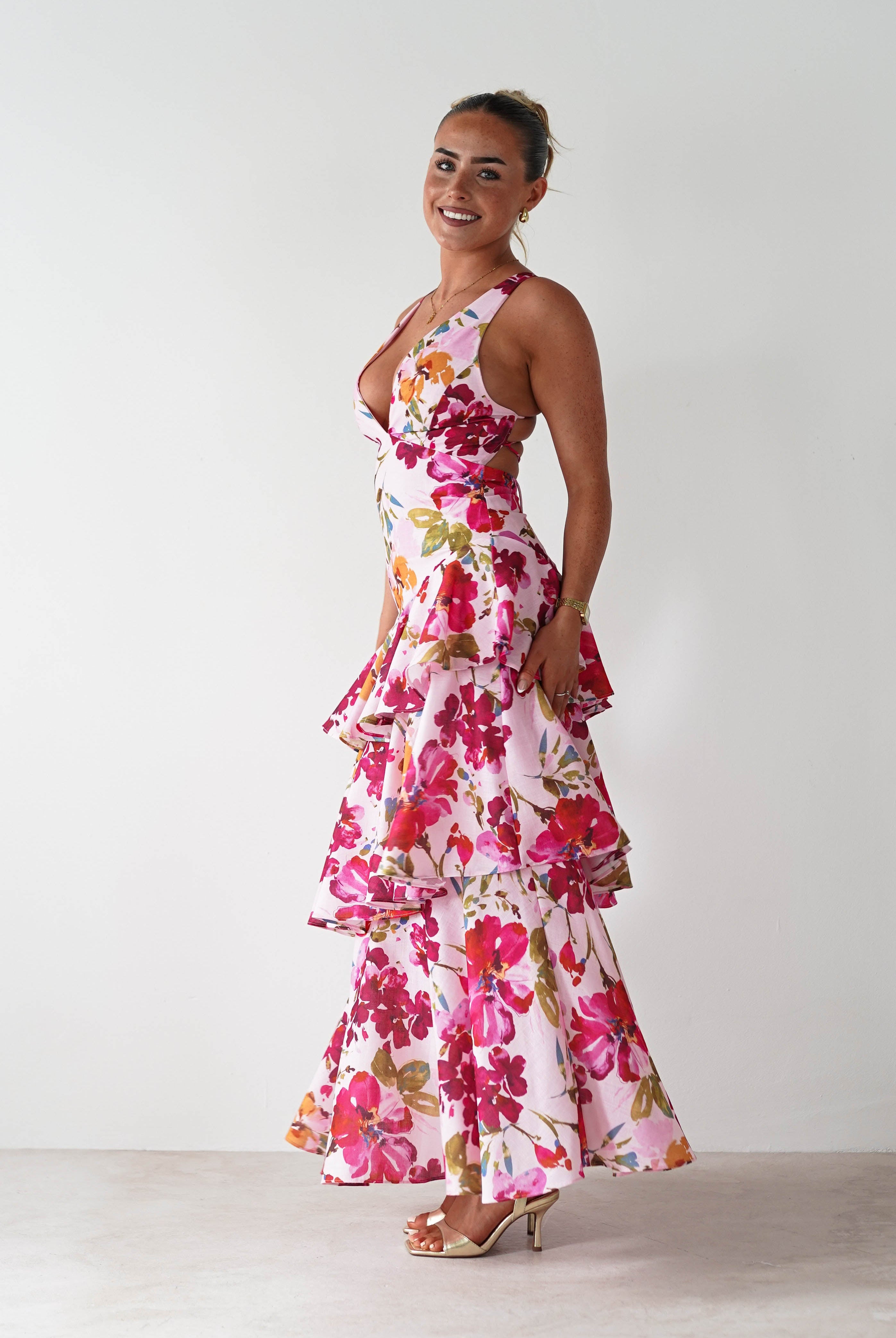 Katrina Floral Print Cotton Ruffle Maxi Dress Pink | Wedding Guest Dress | Maxi | Oh Hello Clothing