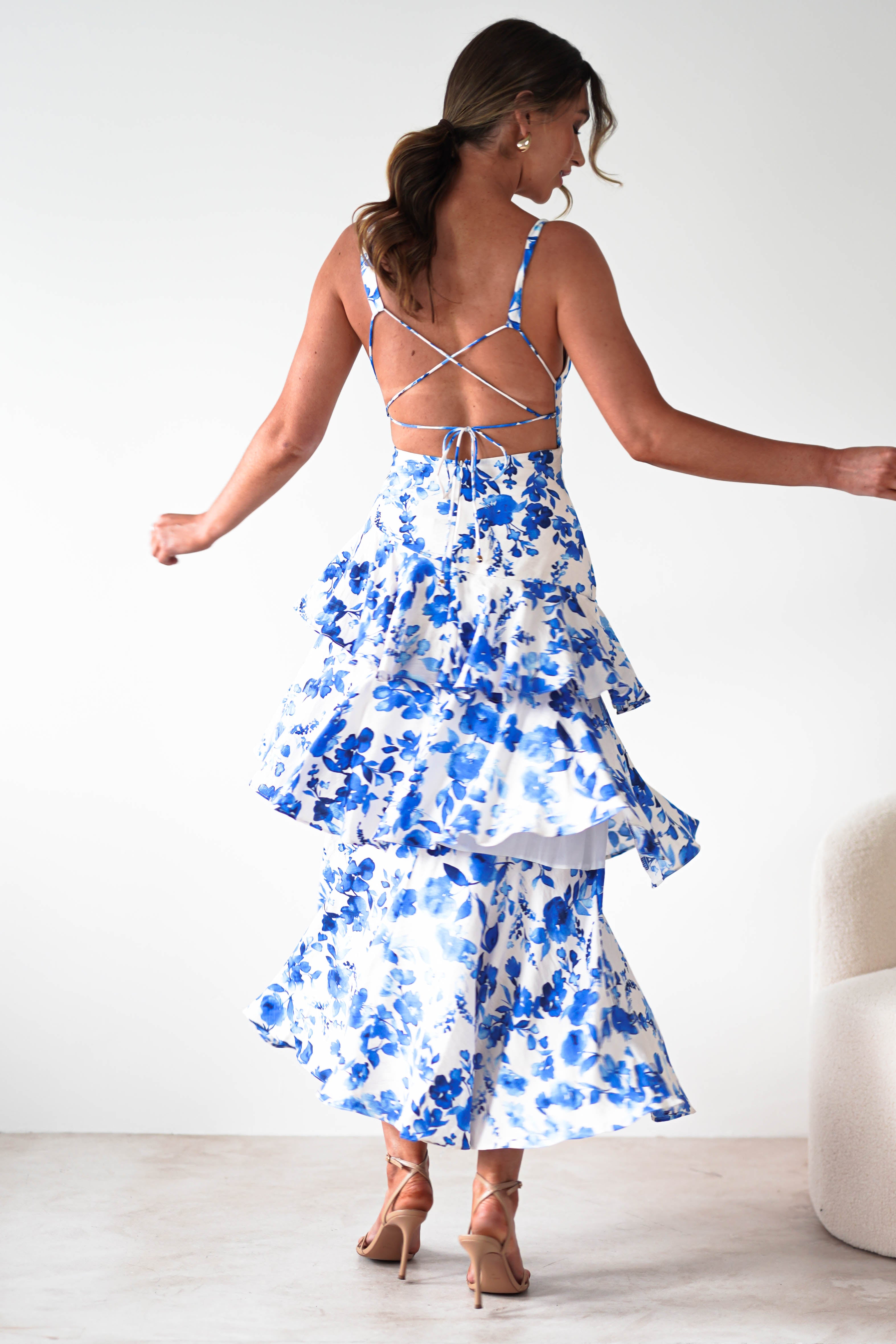 Varana Floral Ruffle Maxi Dress | Blue Print | Oh Hello Clothing | XS (6)
