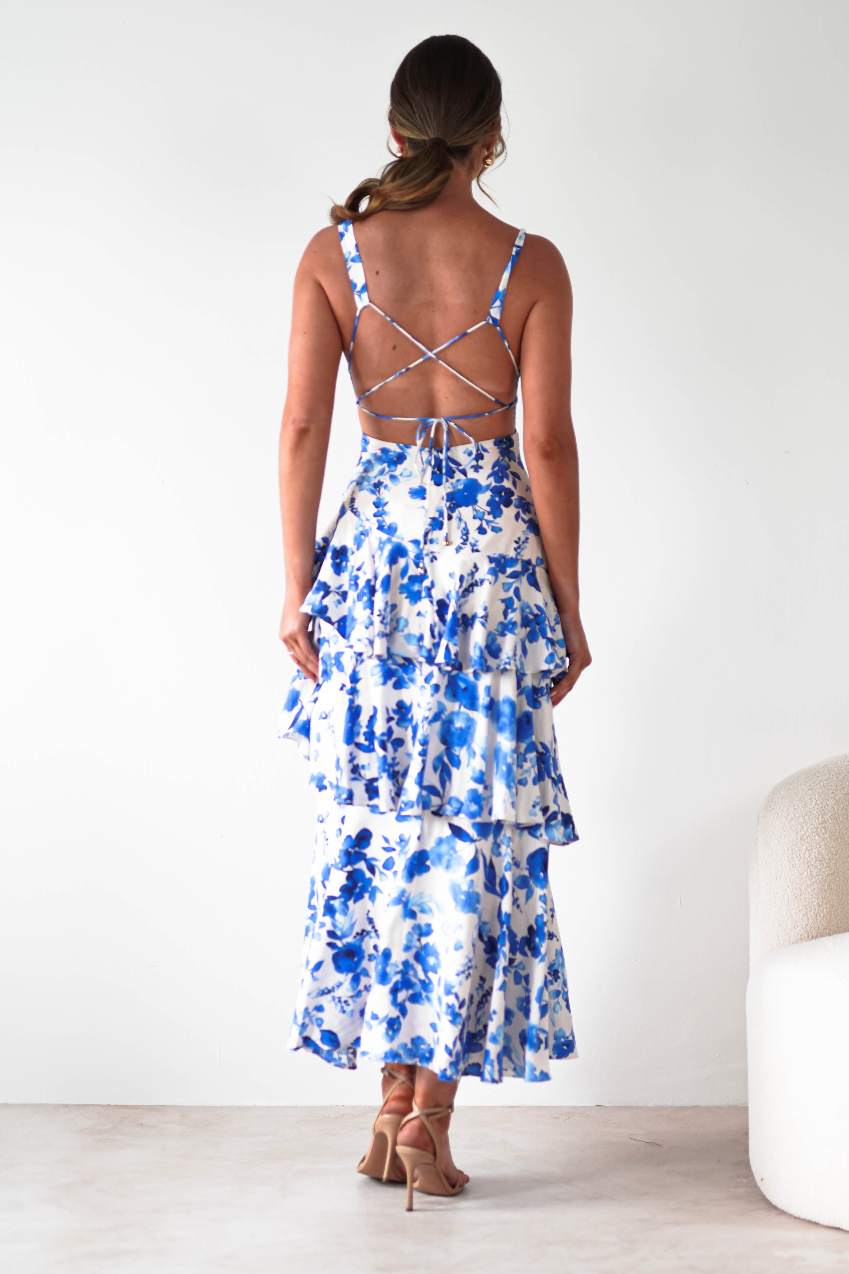 Varana Floral Ruffle Maxi Dress | Blue Print | Oh Hello Clothing | XS (6)